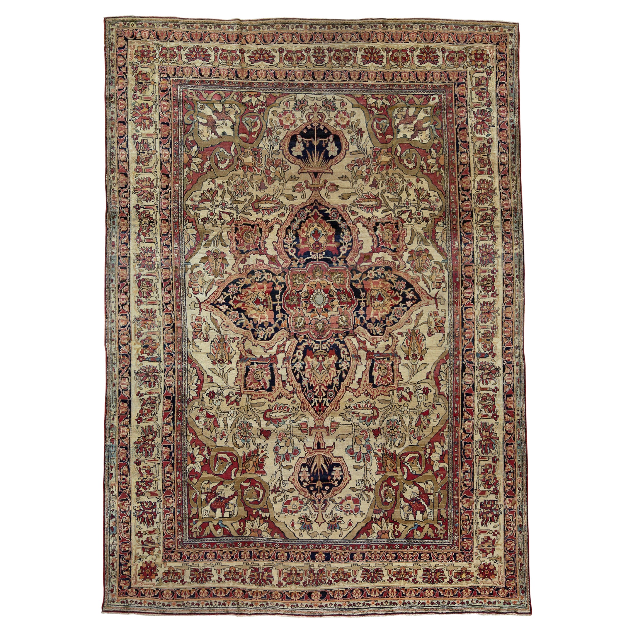   Antique Persian Fine Traditional Handwoven Luxury Wool Beige Rug For Sale