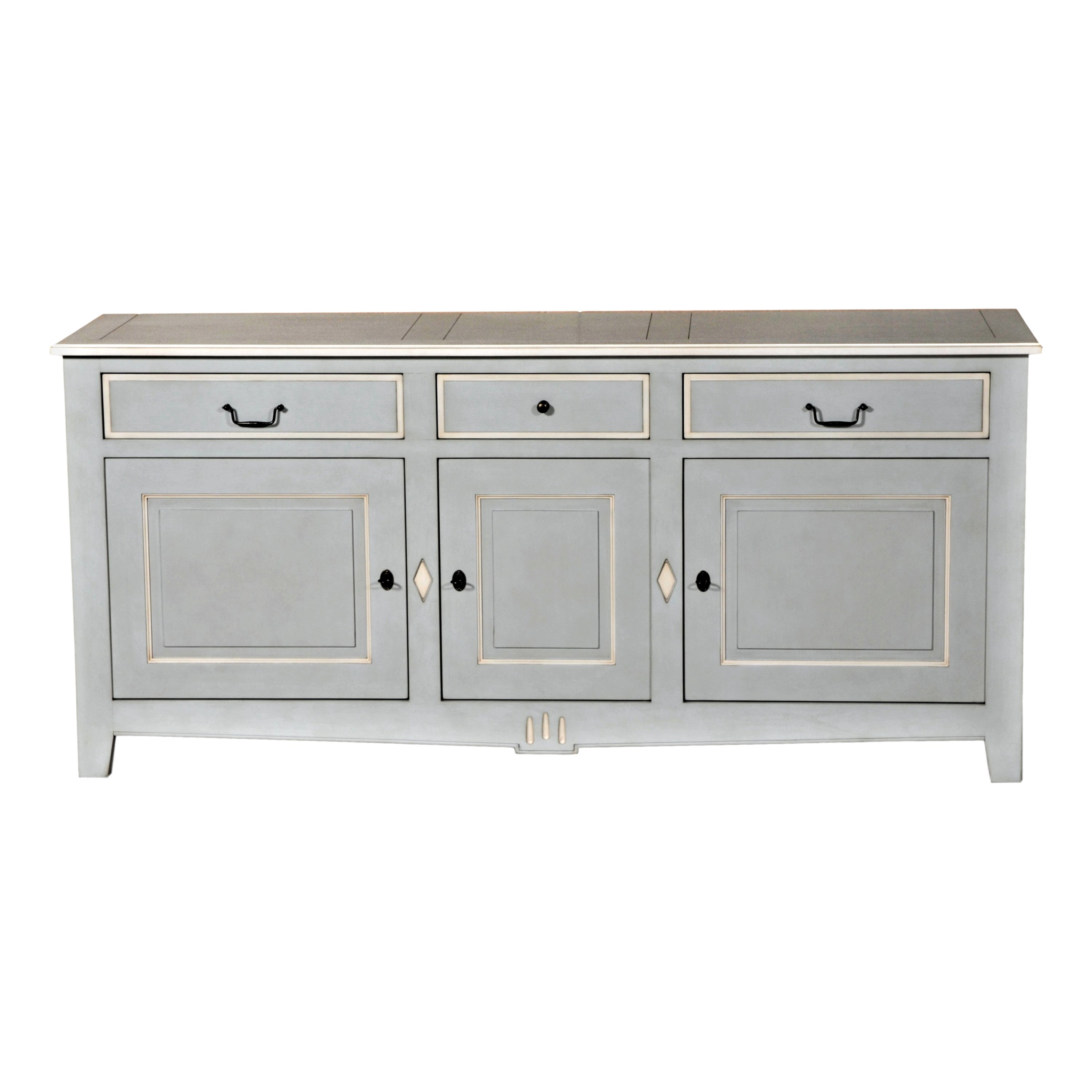 3 Türen 3 Schubladen Blau-grau lackiertes Sideboard, massives französisches Kirschbaumholz