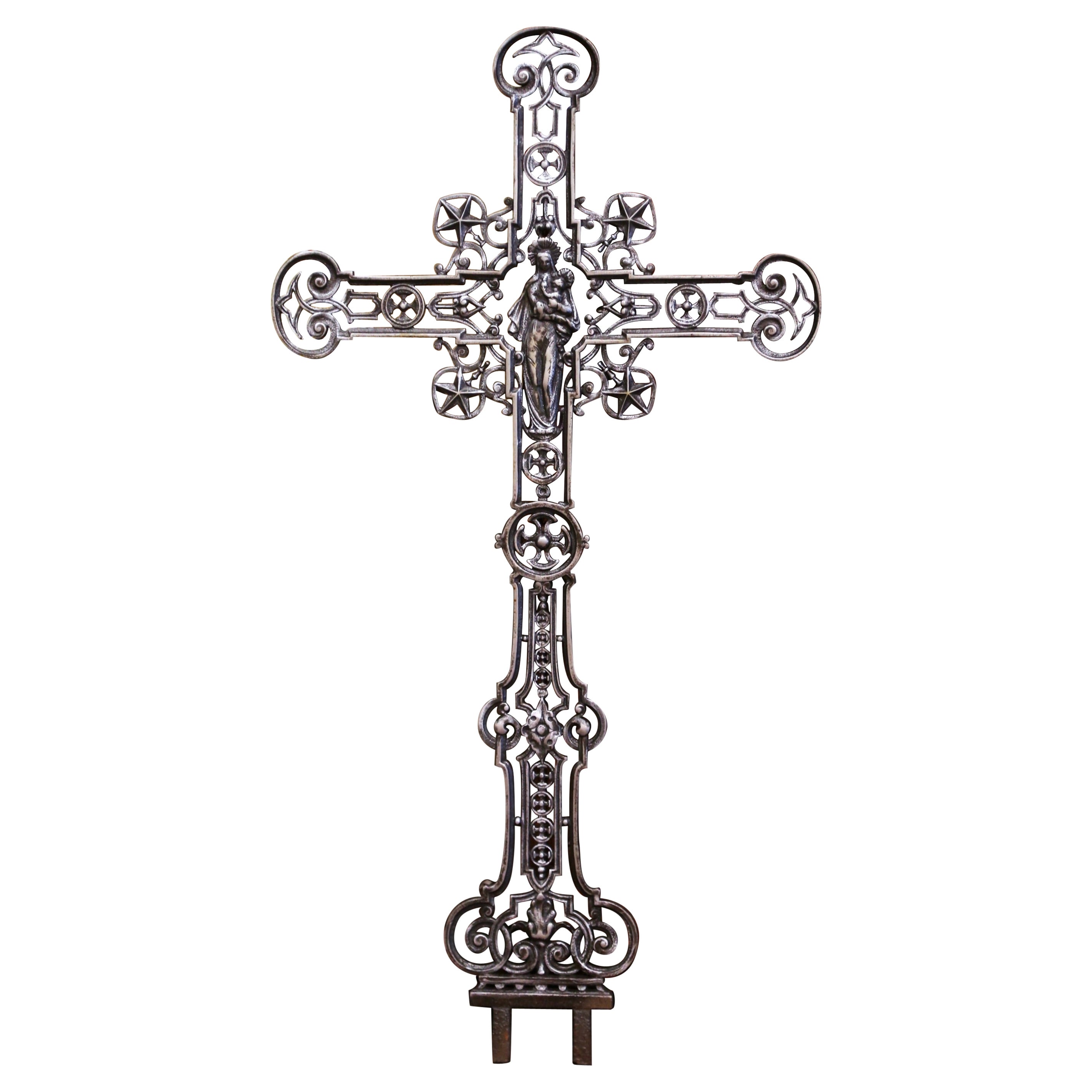 19th Century French Polished Iron Garden Cross with Virgin Mary Holding Jesus
