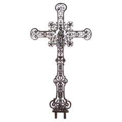 19th Century French Polished Iron Garden Cross with Virgin Mary Holding Jesus