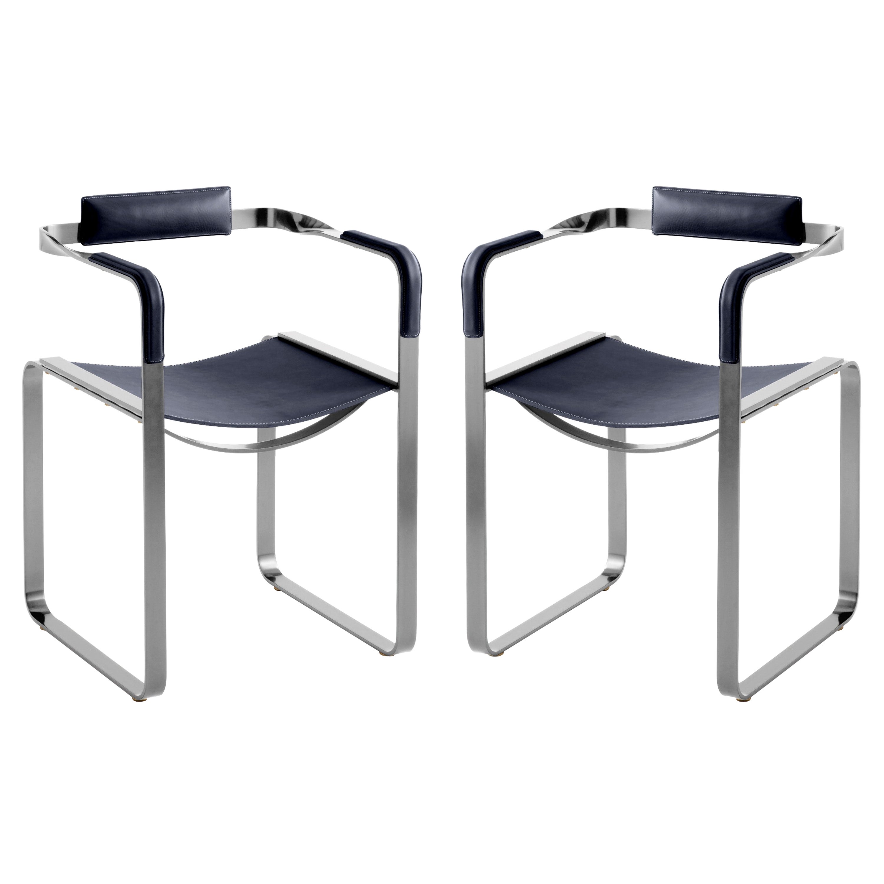 Set of 2, Armchair, Old Silver Steel & Navy Blue Saddle, Contemporary Style For Sale