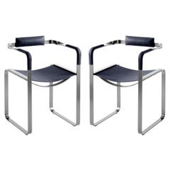 Set of 2, Armchair, Old Silver Steel & Navy Blue Saddle, Contemporary Style