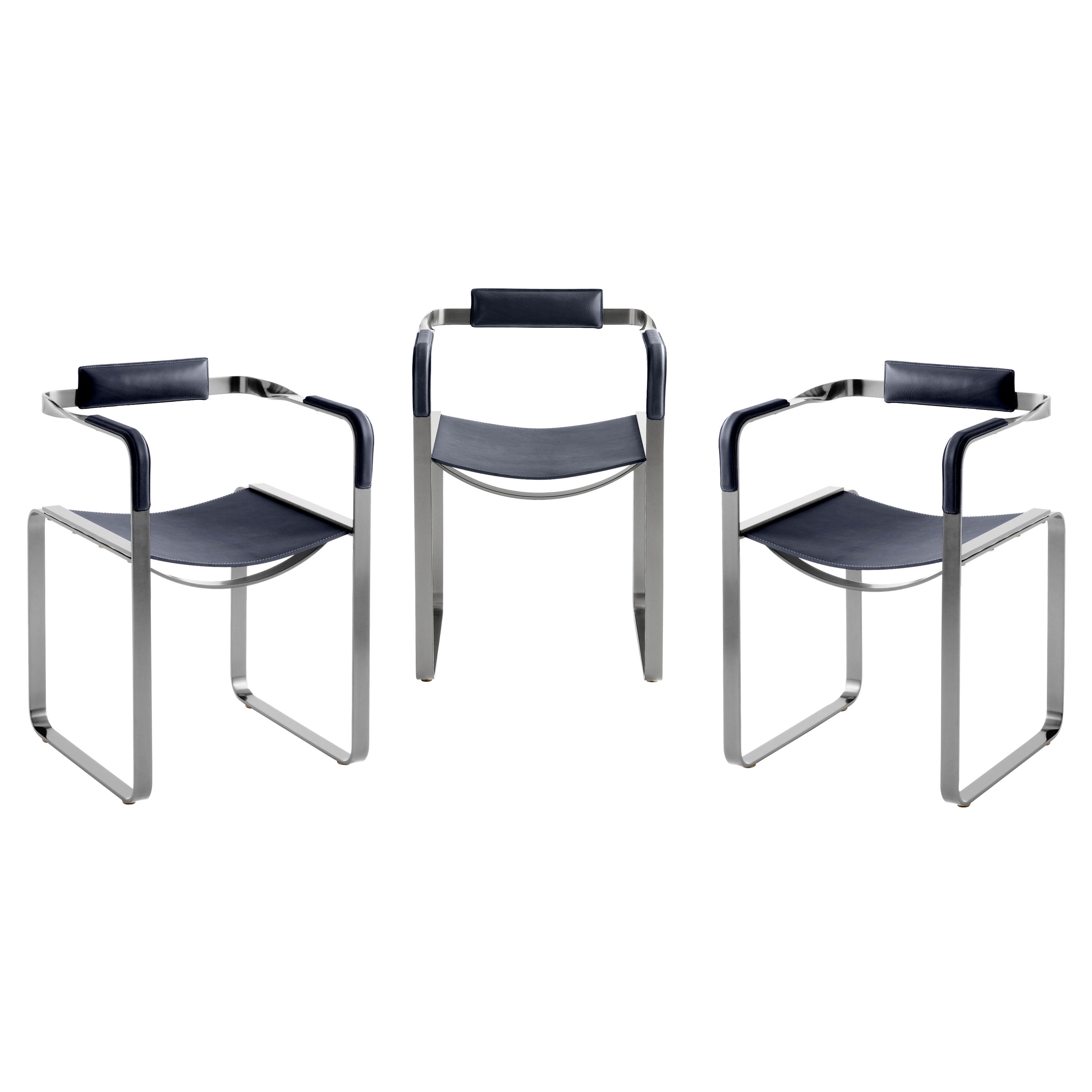 Set of 3, Armchair, Old Silver Steel & Navy Blue Saddle, Contemporary Style For Sale