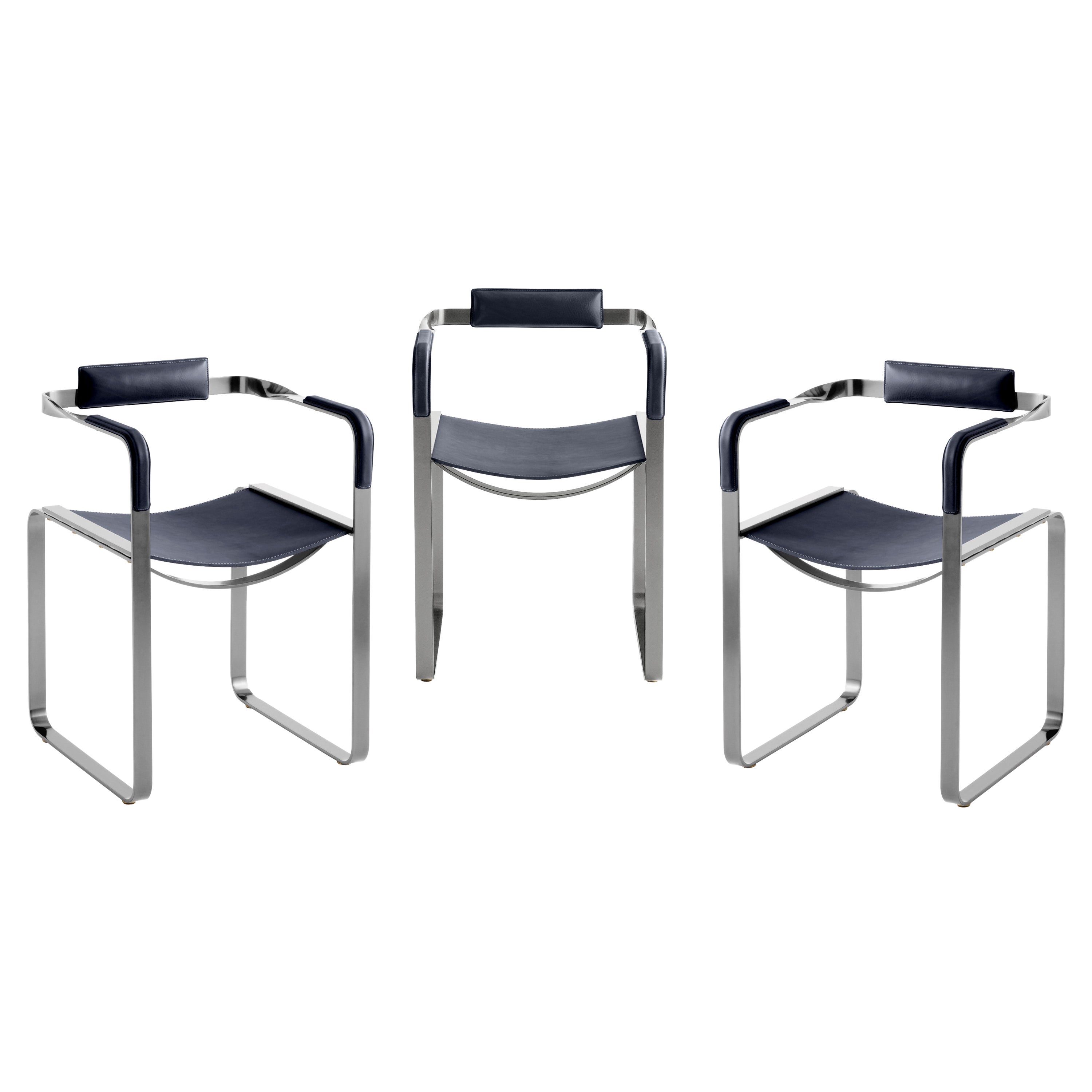 3er Set, Sessel, Old Silver Steel & Navy Blue Saddle, Contemporary Style im Angebot