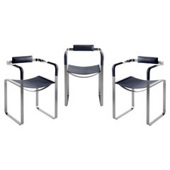 Set of 3, Armchair, Old Silver Steel & Navy Blue Saddle, Contemporary Style