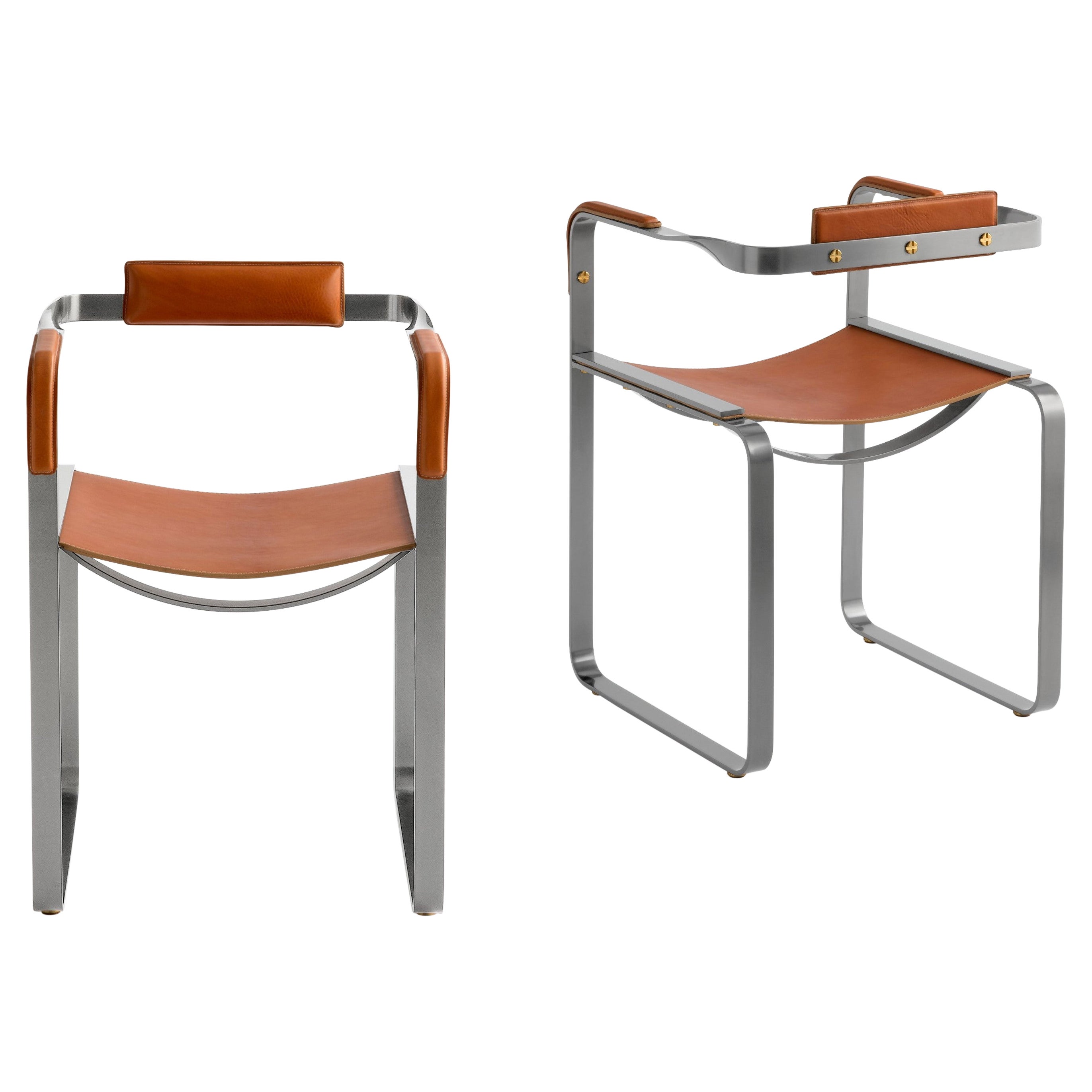 Set di 2 poltrone, in acciaio color argento antico e sella color tabacco naturale, stile contemporaneo