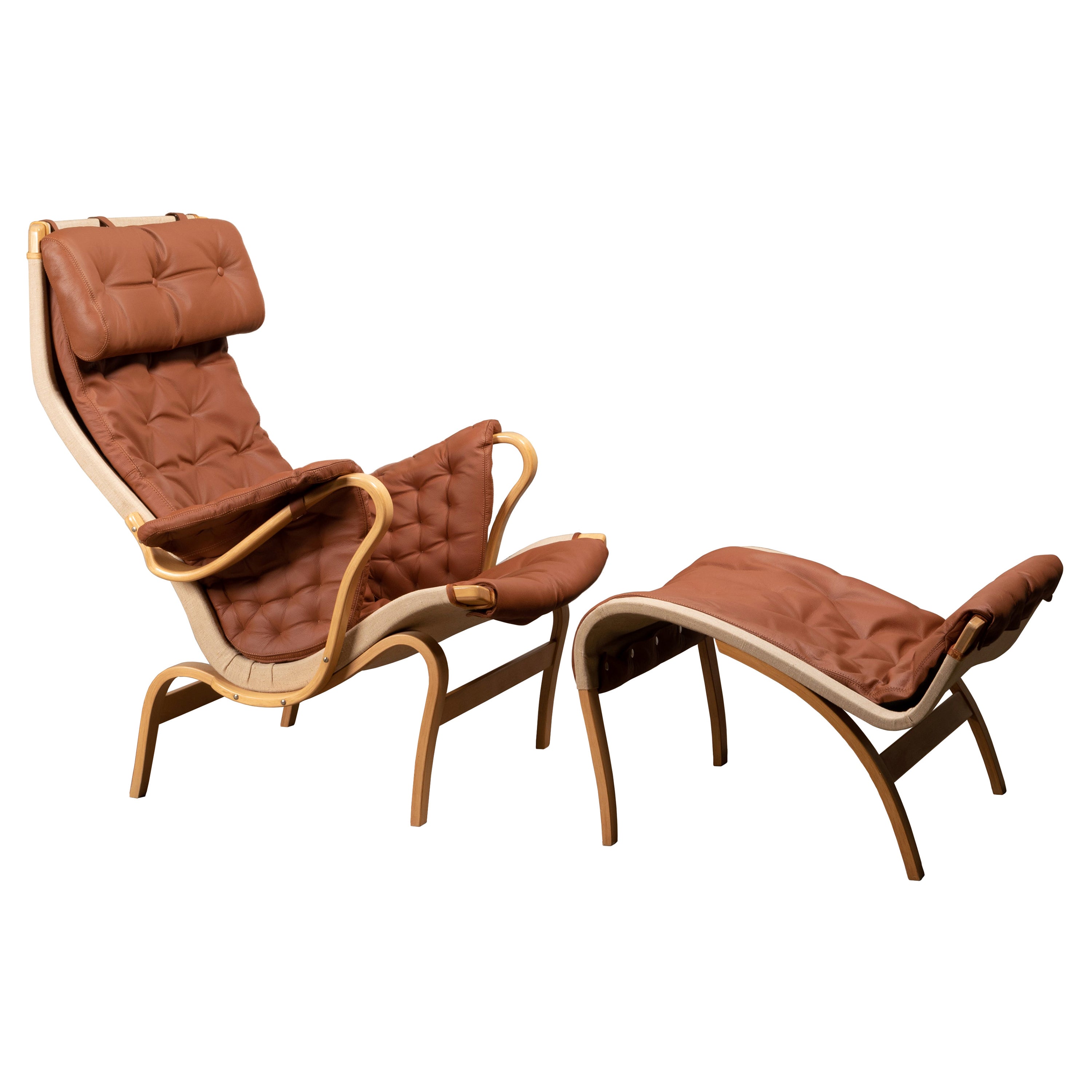 Bruno Mathsson Pernilla Easy Chair and Ottoman in Beech Wood and Brown Leather