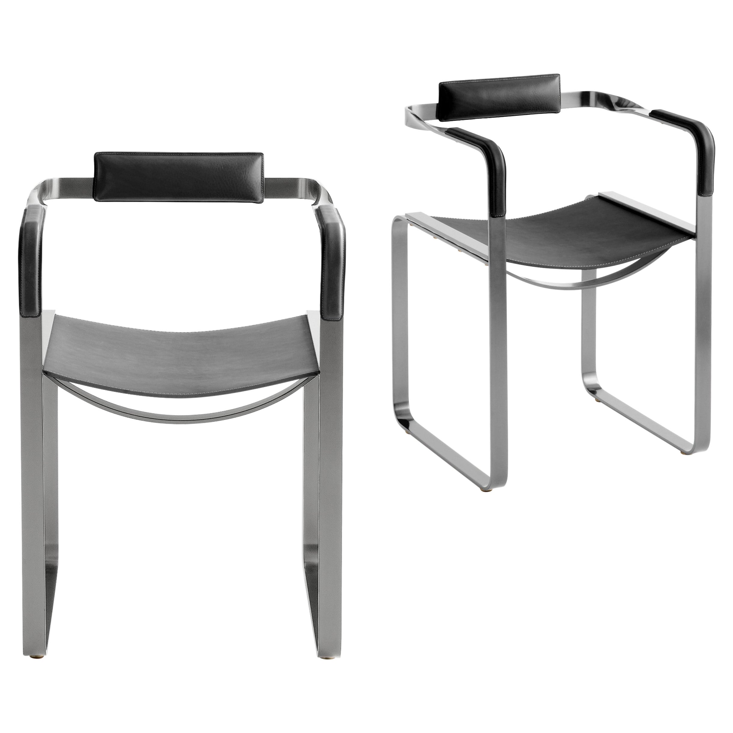 Set of 2, Armchair, Old Silver Steel & Black Saddle Leather, Contemporary Style (Ensemble de 2 fauteuils, acier vieil argent et cuir noir)