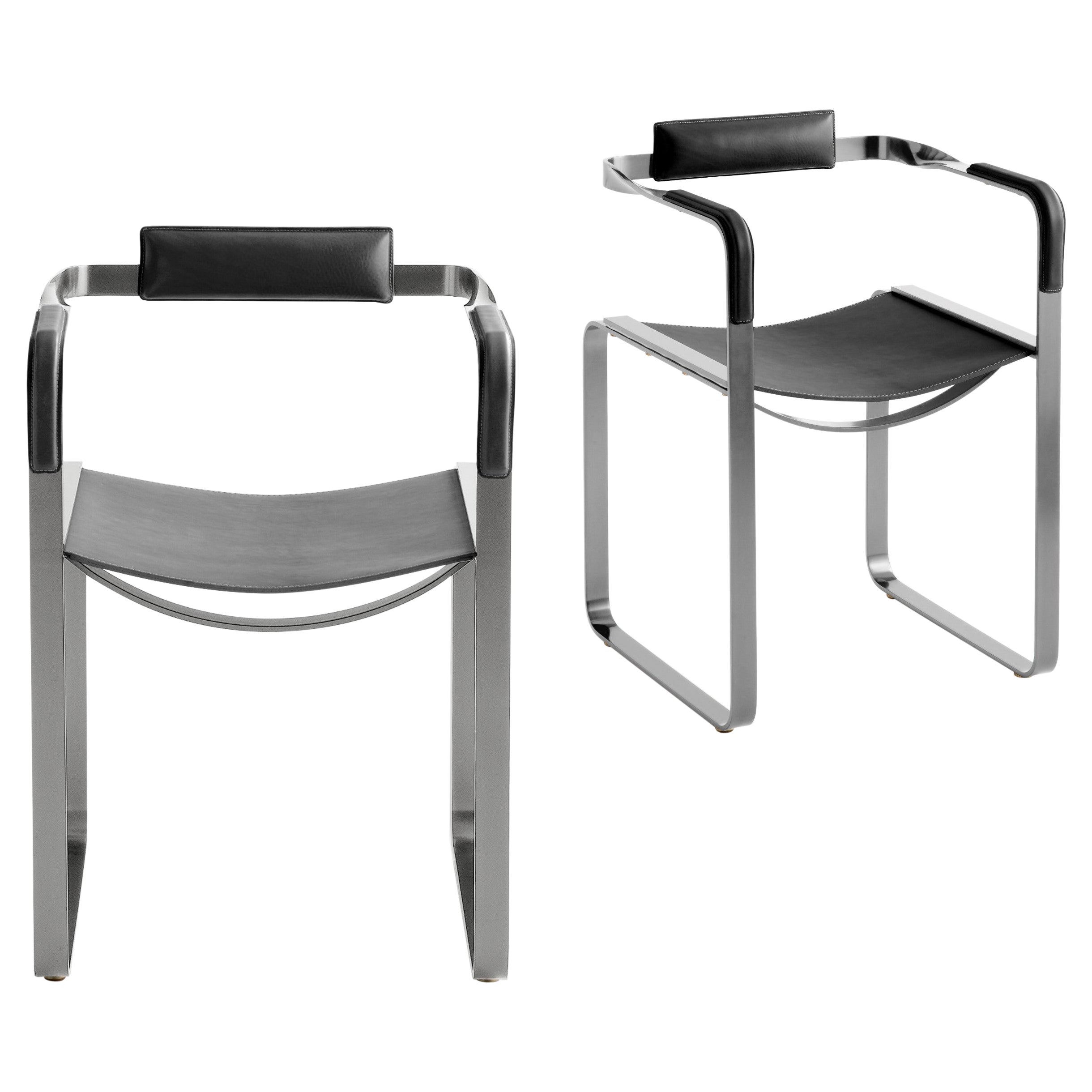 2er Set, Sessel, Old Silver Steel & Black Saddle Leather, Contemporary Style im Angebot