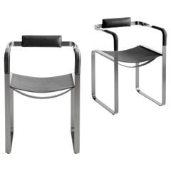 Set of 2, Armchair, Old Silver Steel & Black Saddle Leather, Contemporary Style