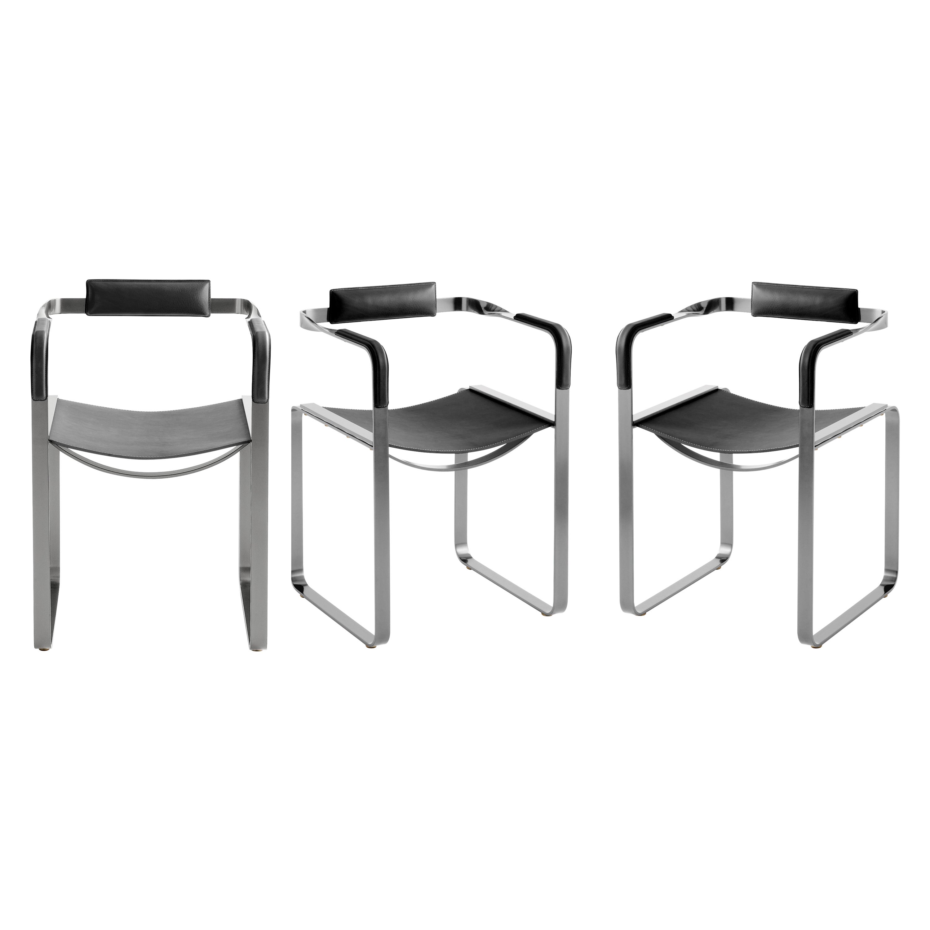 Set of 3, Armchair, Old Silver Steel & Black Saddle Leather, Contemporary Style