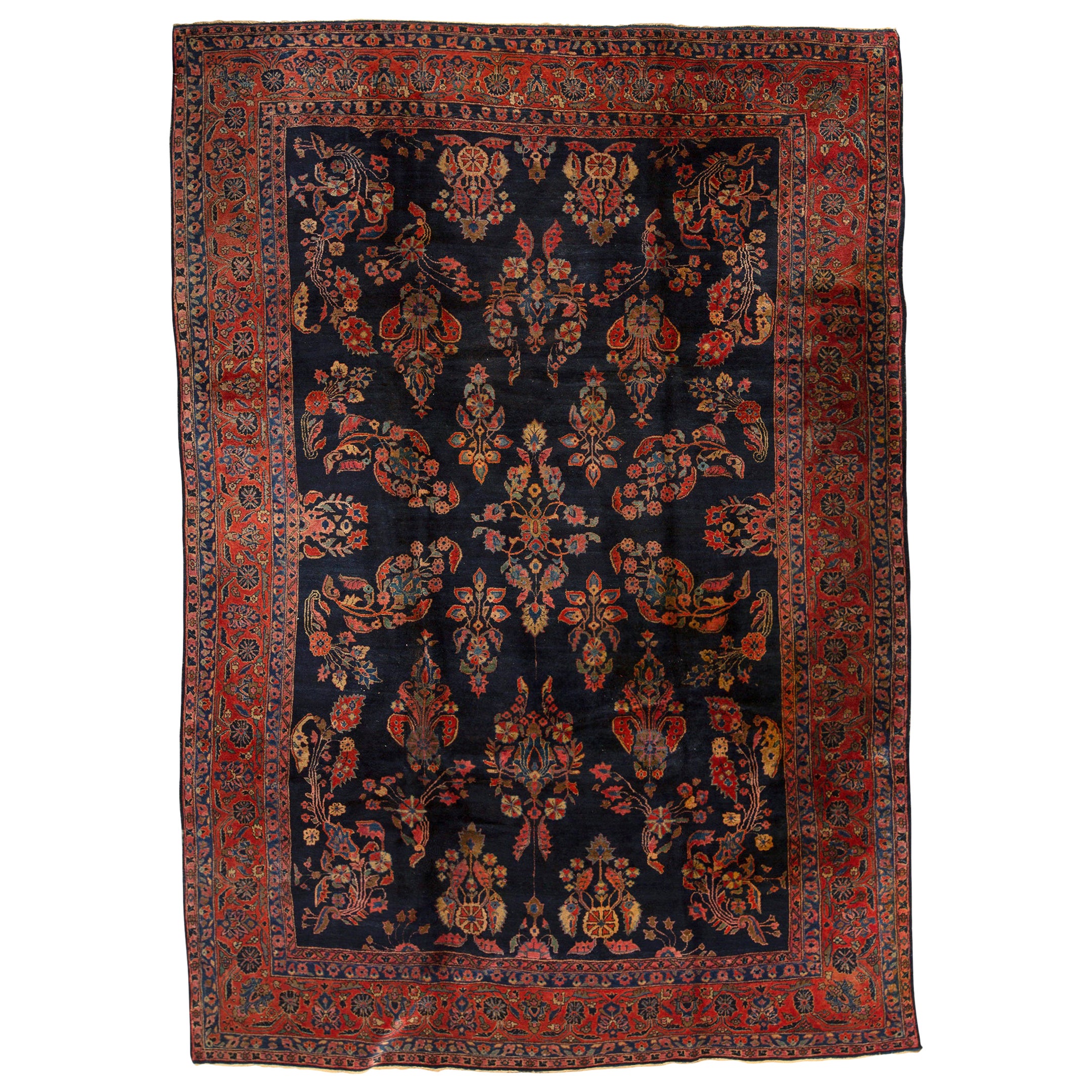   Antique Persian Fine Traditional Handwoven Luxury Wool Navy / Rust Rug For Sale