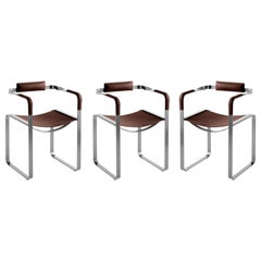 Set of 3 Armchair, Old Silver Steel & Dark Brown Saddle, Contemporary Style