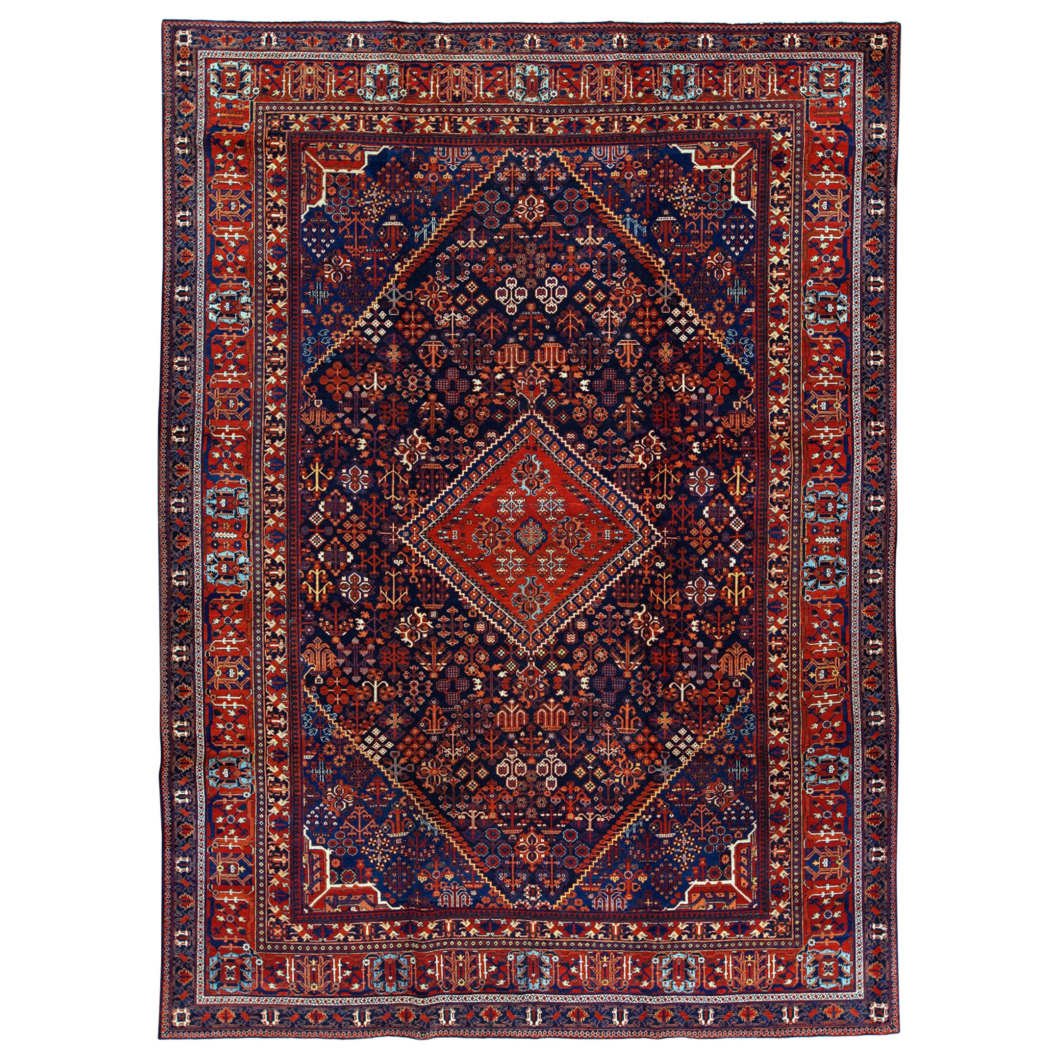   Antique Persian Fine Traditional Handwoven Luxury Wool Red / Navy Rug For Sale