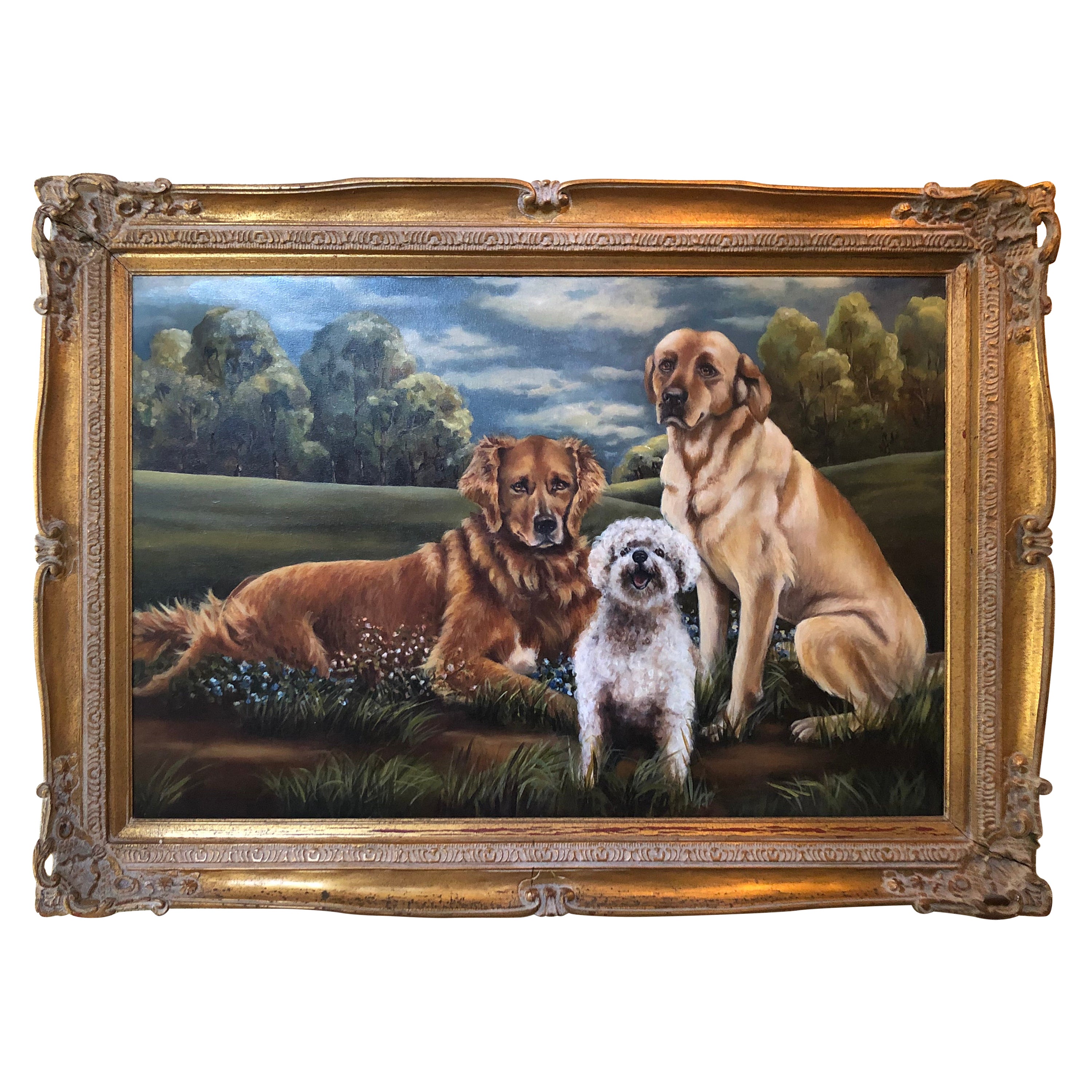 Peinture originale d'un trio de chiens amoureux des animaux