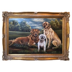 Vintage Dog Lovers Original Painting of Trio of Pets