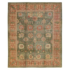 Modern Turkish Oushak Handmade Floral Motif Green Wool Rug