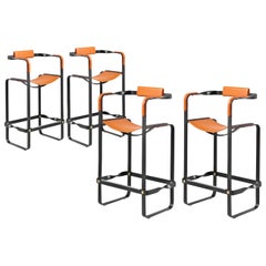 Set of 4 Contemporary Barstool w. Backrest Nuit Noir & Tobacco Leather