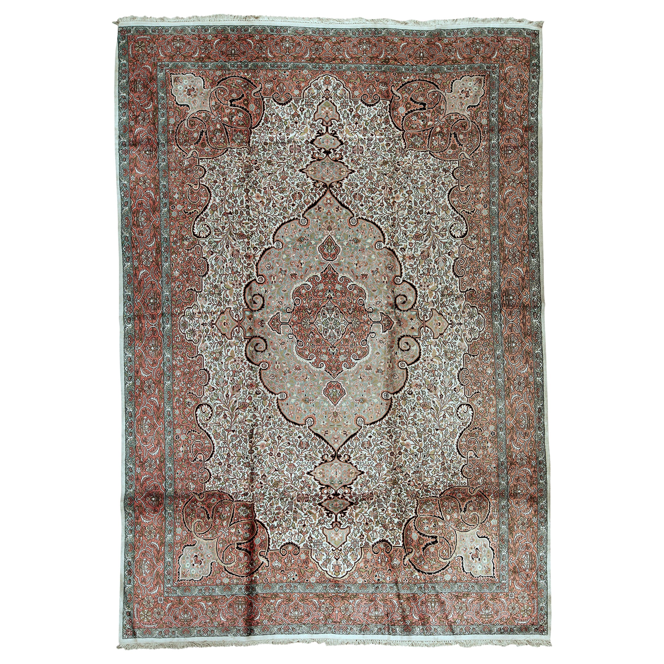 Antique Persian Fine Traditional Handwoven Luxury Kashmir Silk Ivory / Rose Rug For Sale