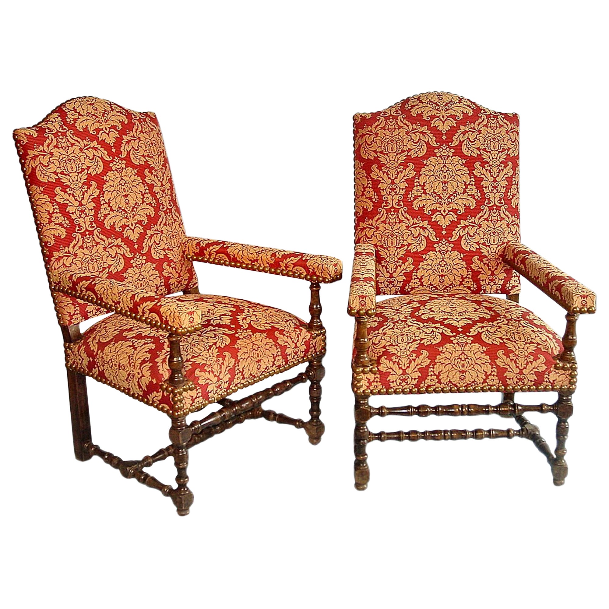 Pair of French Louis XIII Style High Back Walnut Armchairs