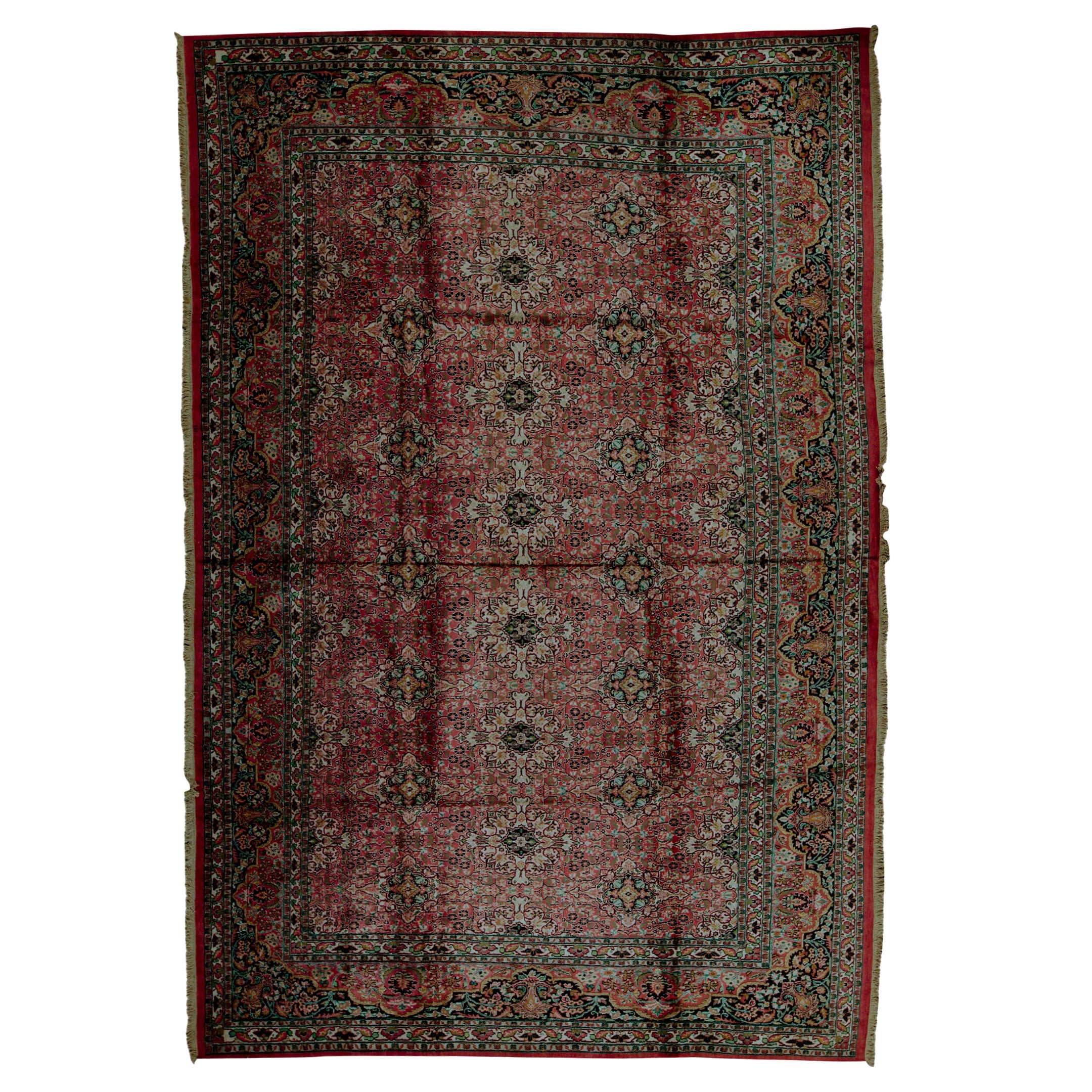 Traditional Handwoven Antique Kashmir Silk Rose / Black Rug For Sale