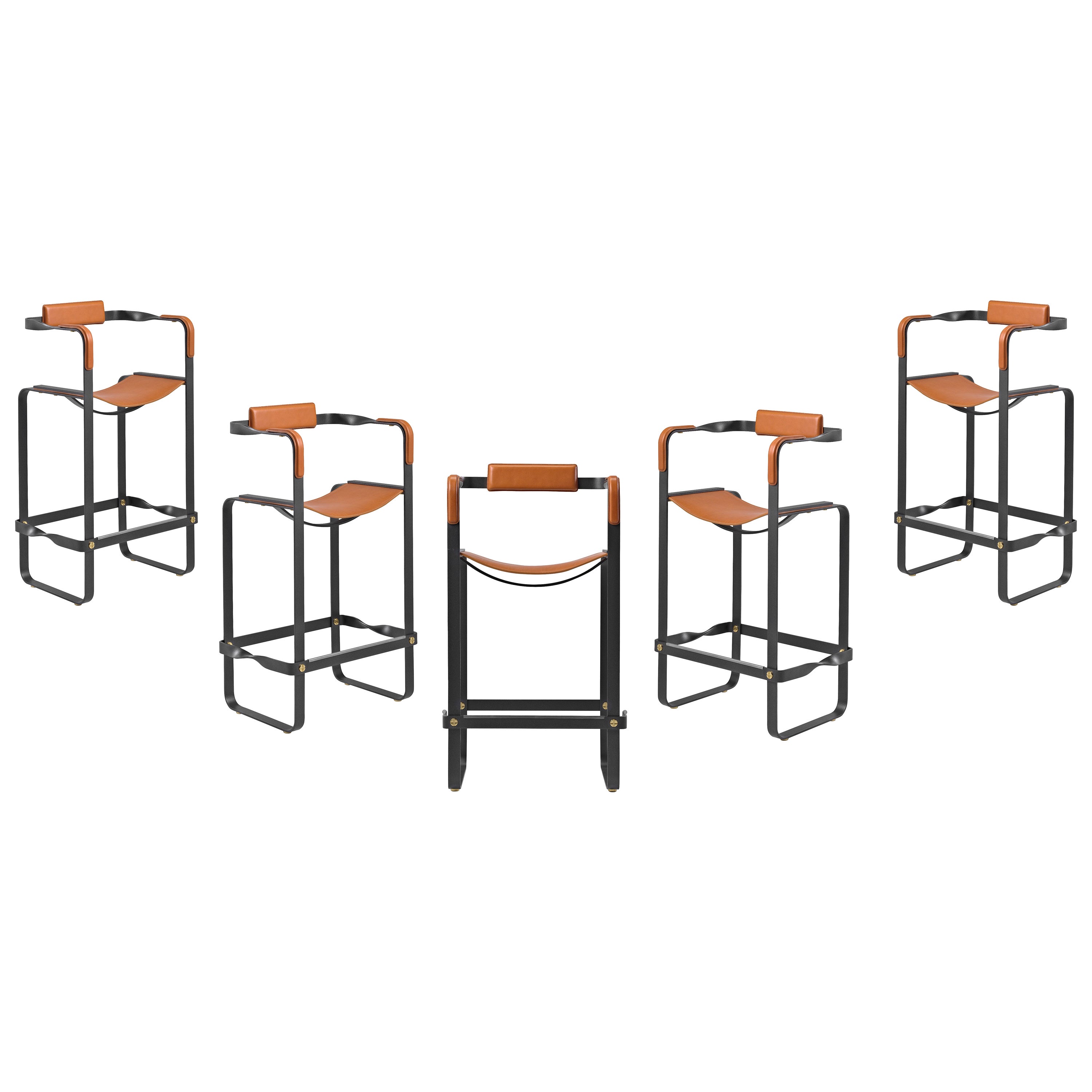 Set of 5 Classic Contemporary Bar Stool w. Backrest Nuit Noir & Tobacco Leather