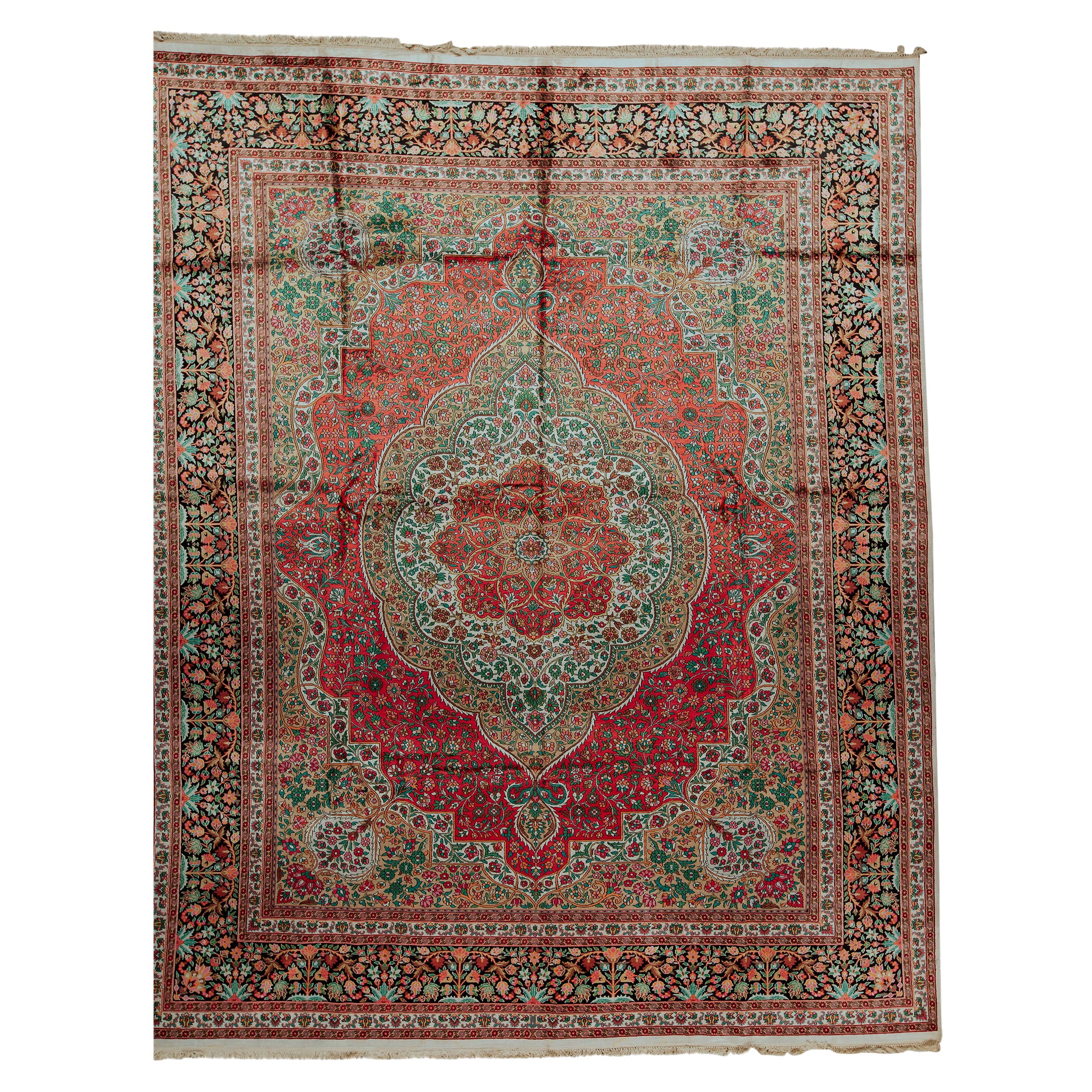 Traditional Handwoven Antique Kashmir Silk Rose / Black Rug For Sale