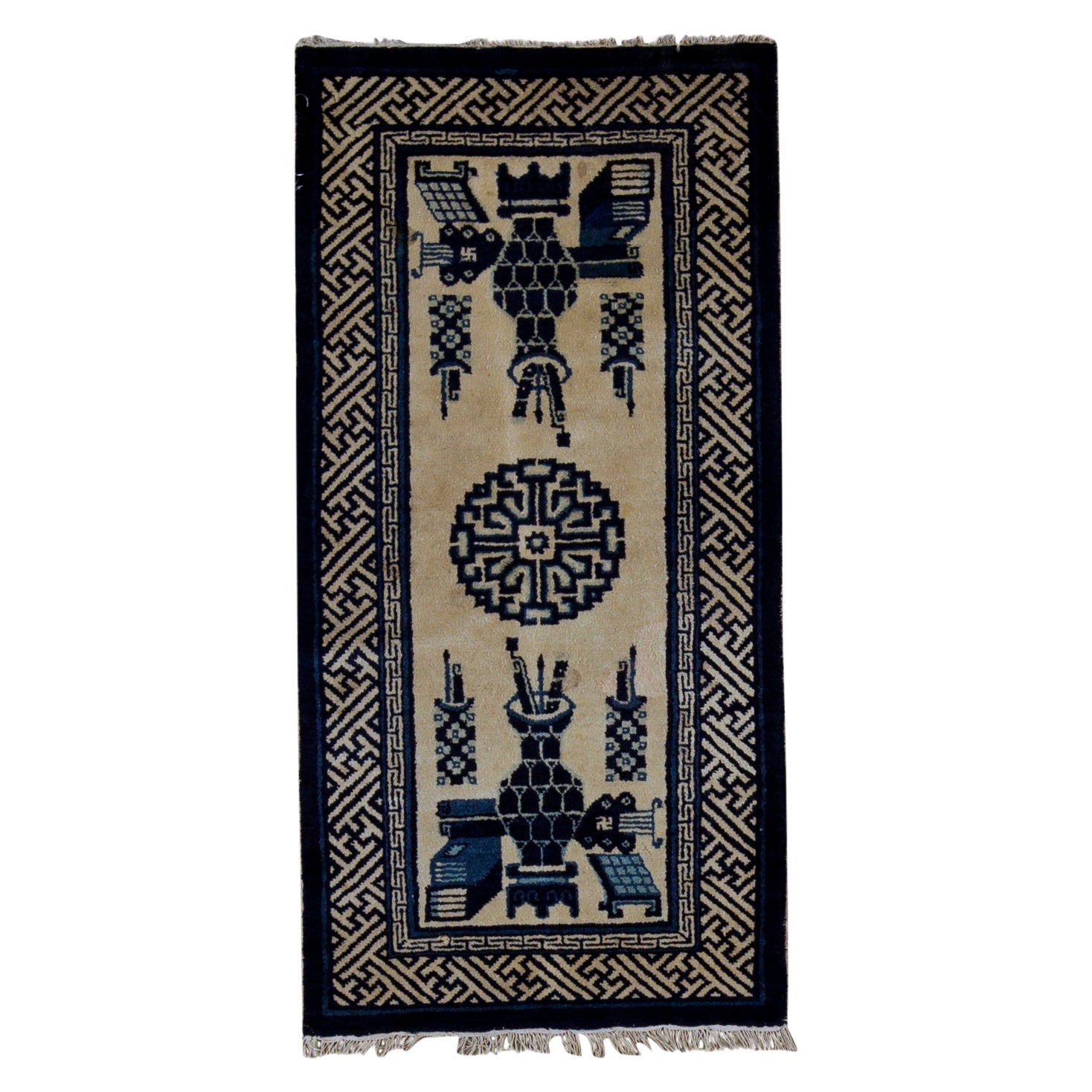 Traditional Handwoven Antique Peking Chinese Wool Ivory / Navy Rug For Sale