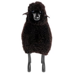 Brown Curly Sheepskin with Black Wood and Leather Handmade, Life-Size Sheep