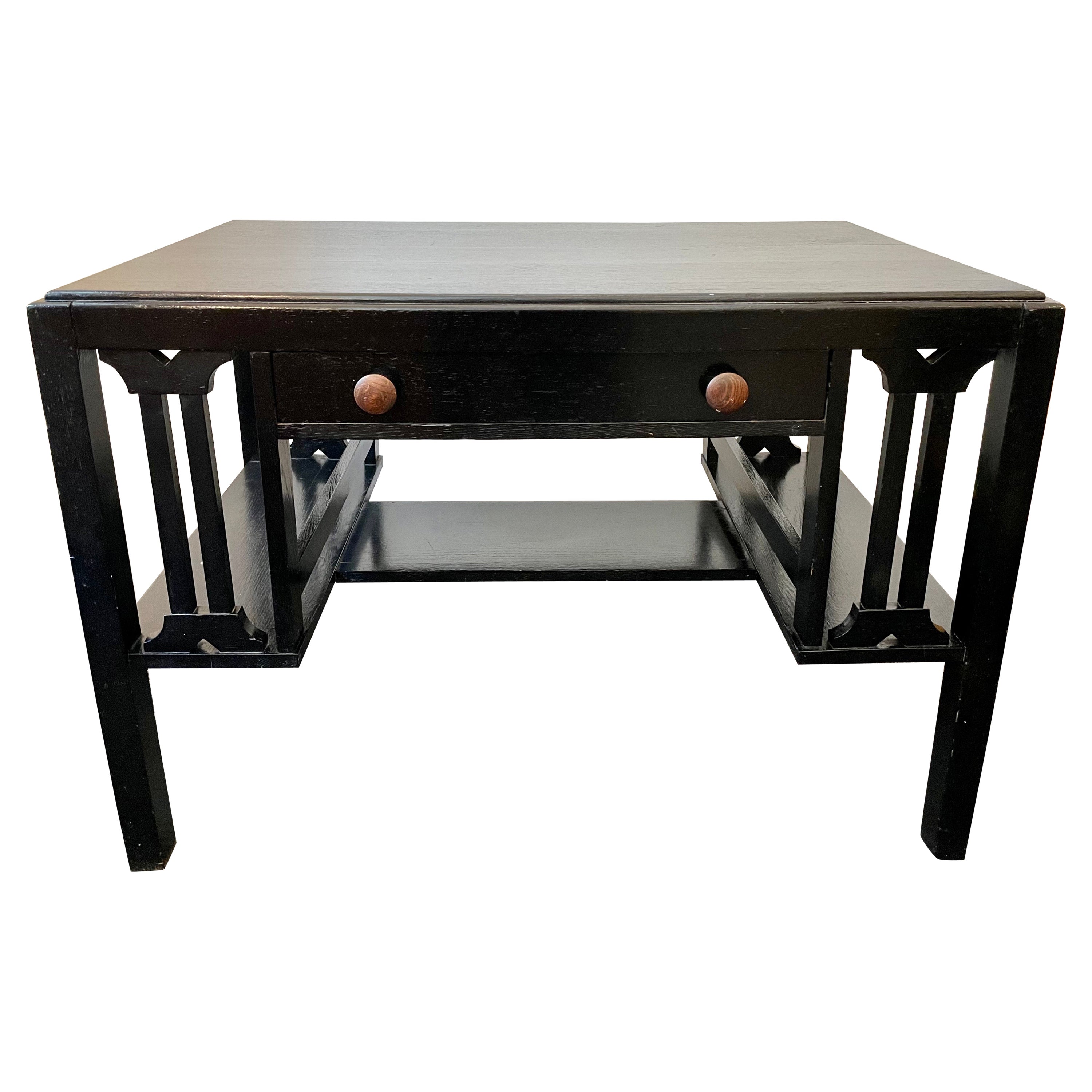 Arts & Crafts Mission Style Black Solid Oak Desk with Side Shelves For Sale