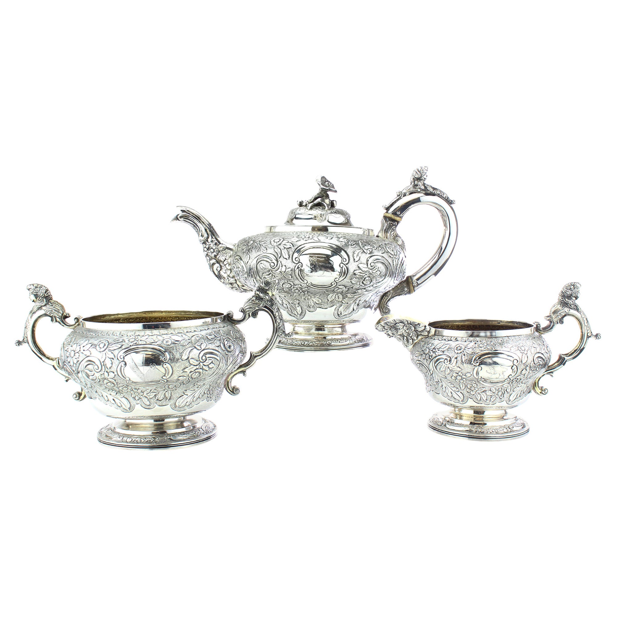 Antique Georgian Sterling Silver Three-Piece Elaborately Engraved Tea Set