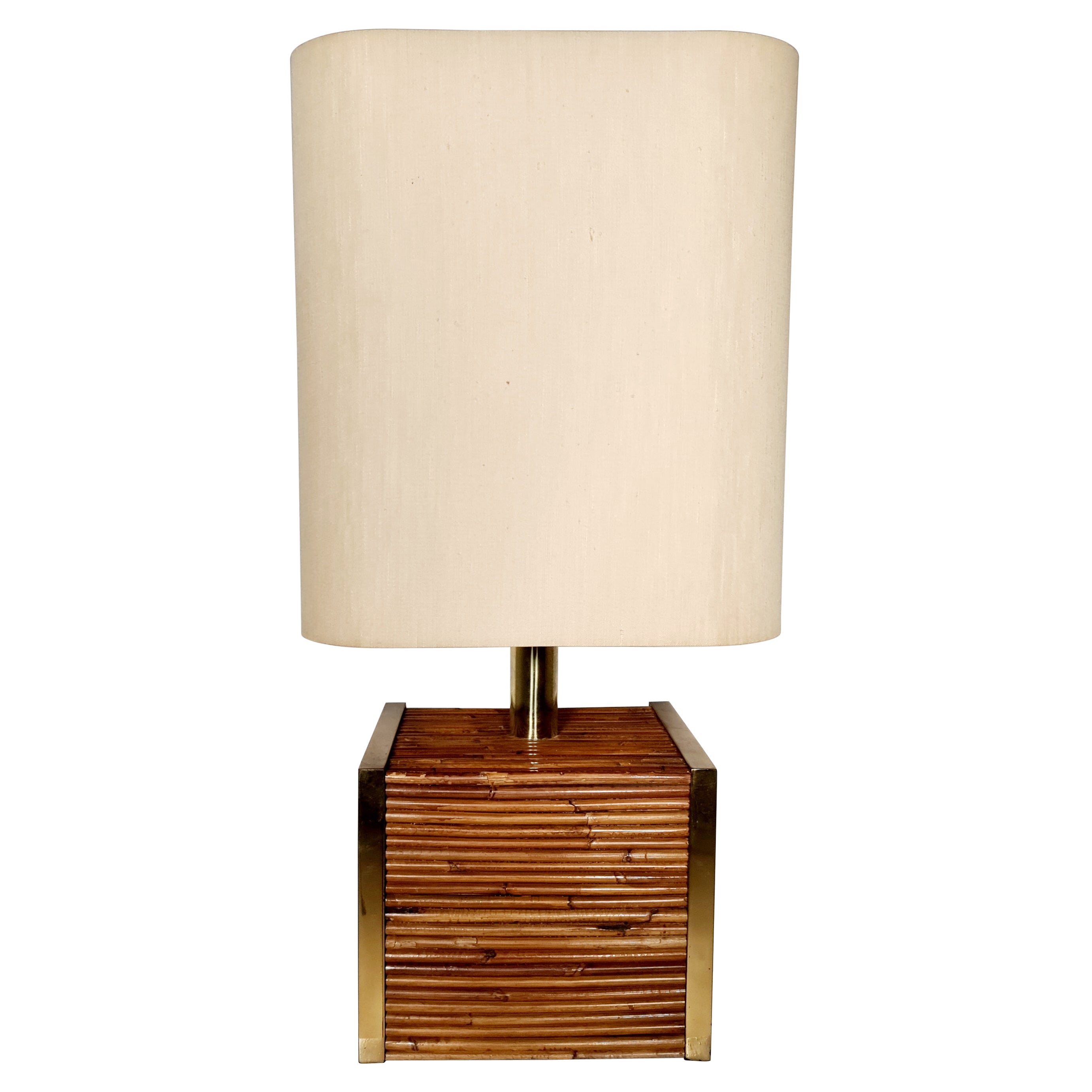 Large Mid-Century Modern Brass and Bamboo Table Lamp