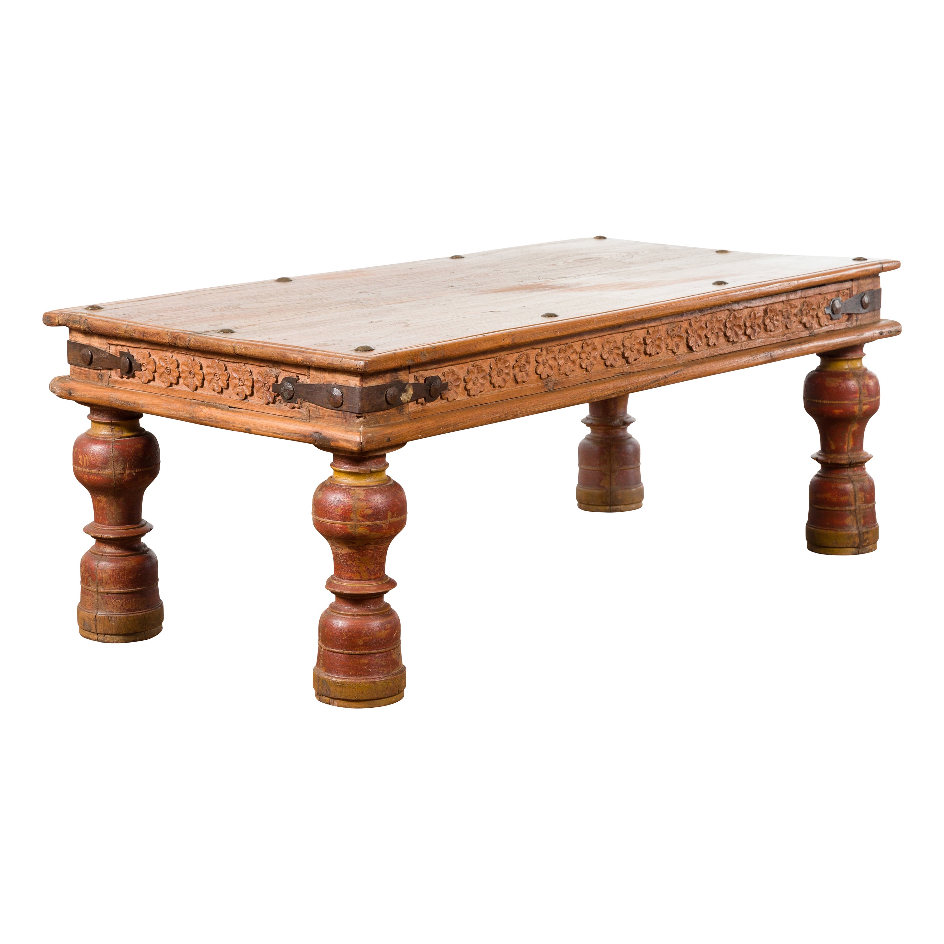 Indian 19th Century Coffee Table with Carved Floral Frieze and Baluster Legs For Sale