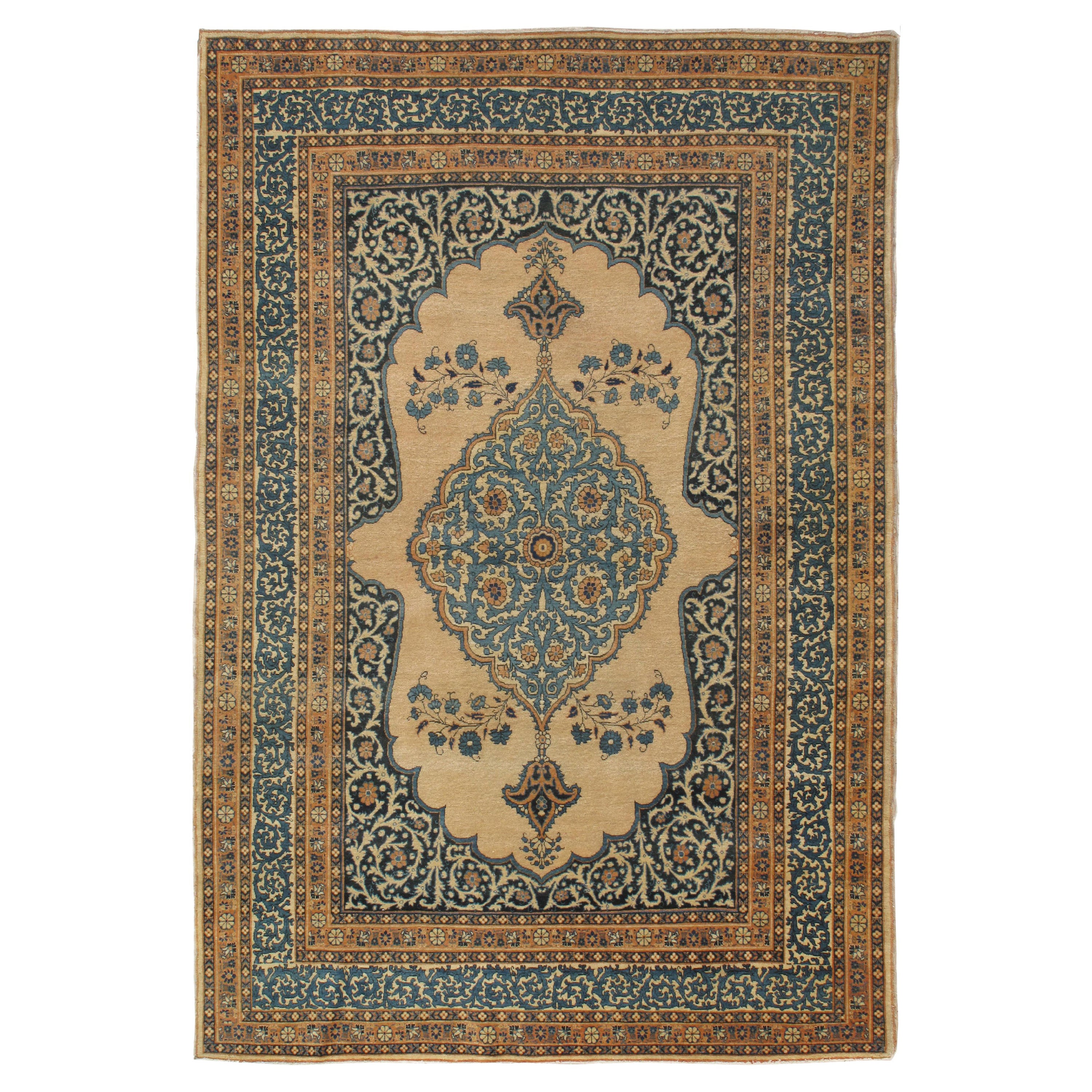 Antique Tabriz Carpet, Hadji Jalili Persian Rug, Earth Tones, Ivory and Blue For Sale