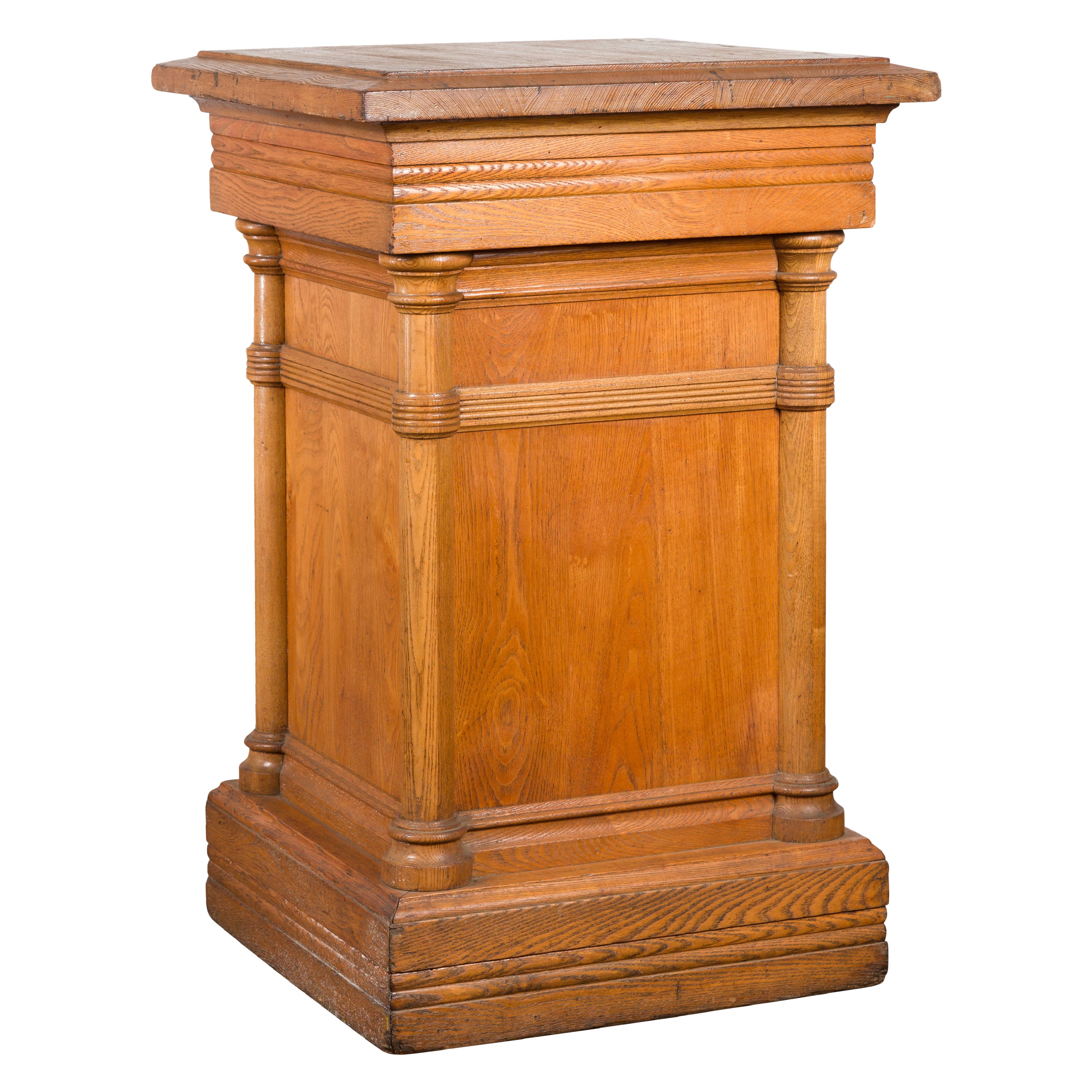 Vintage Indonesian Wooden Pedestal with Doric Semi-Columns and Natural Patina For Sale