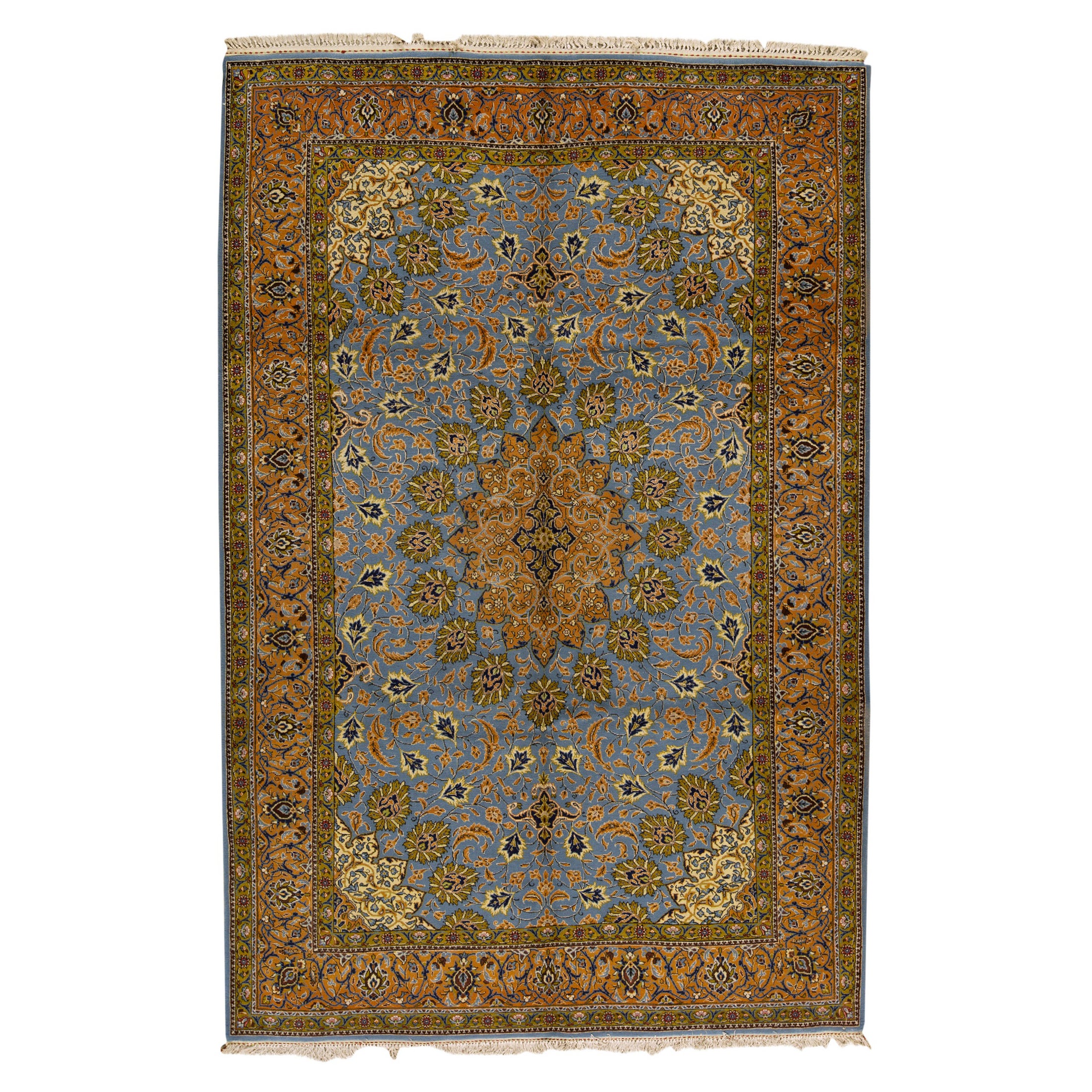 Traditional Handwoven Luxury Wool Tabriz Blue / Gold Rug For Sale