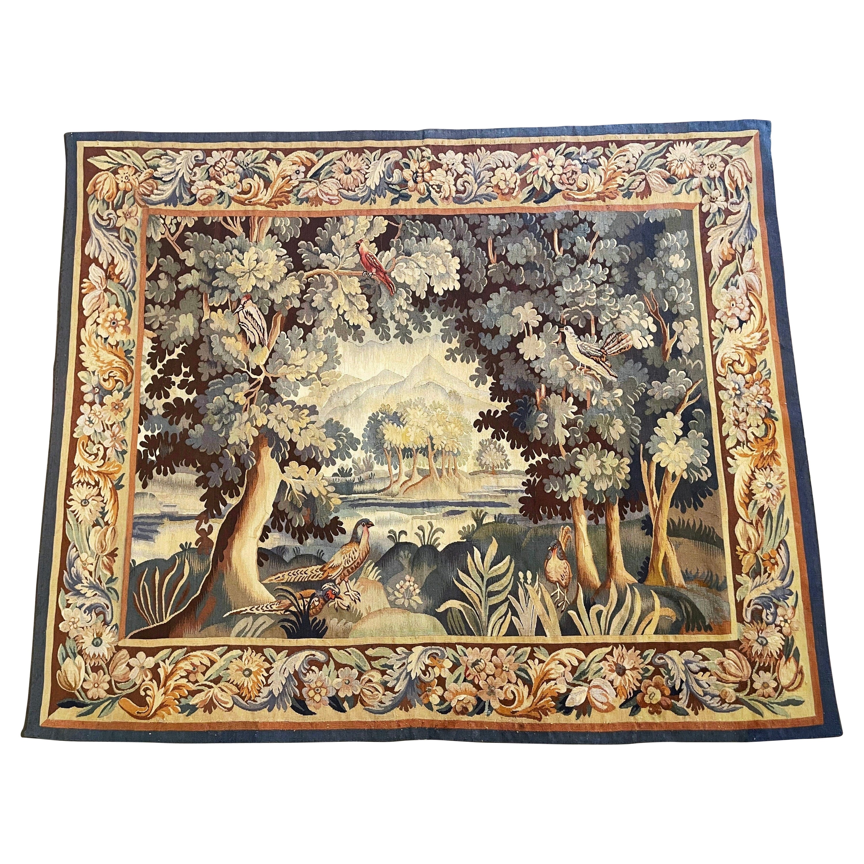 19th Century French Aubusson Verdure Tapestry with Foliage, Birds and Pond