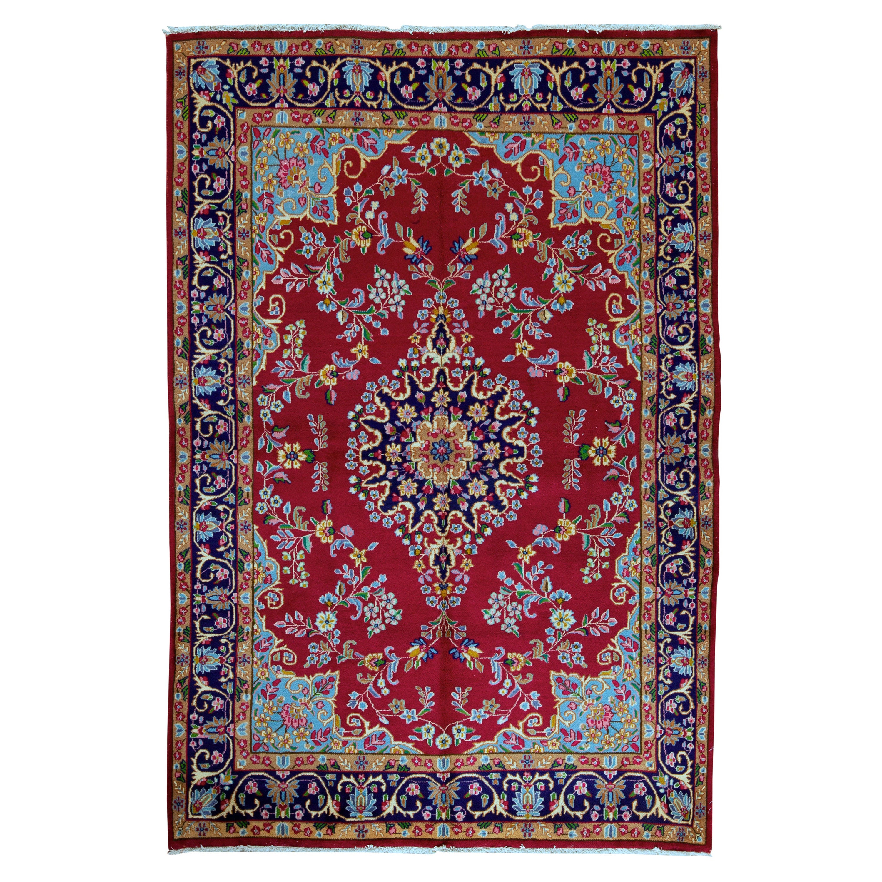 Antique Persian Fine Traditional Handwoven Luxury Wool Red / Navy Rug For Sale