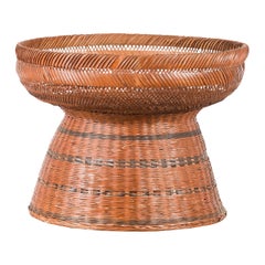 Thai Retro Woven Rattan Fruit Market Basket with Pedestal Tapering Base