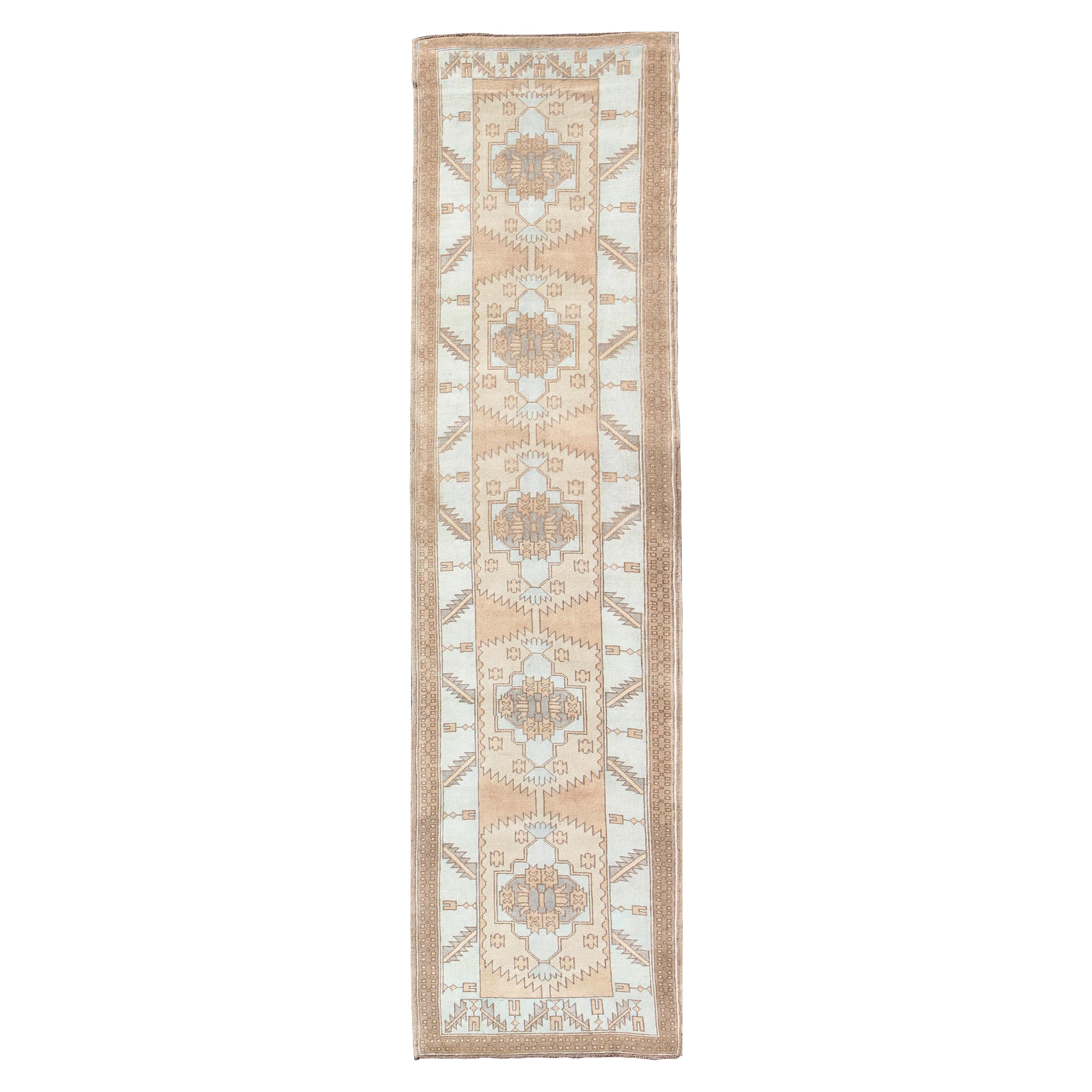 Vintage Oushak Turkish Runner with Geometric Design in Ice Blue, Brown and Taupe For Sale