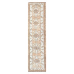 Retro Oushak Turkish Runner with Geometric Design in Ice Blue, Brown and Taupe