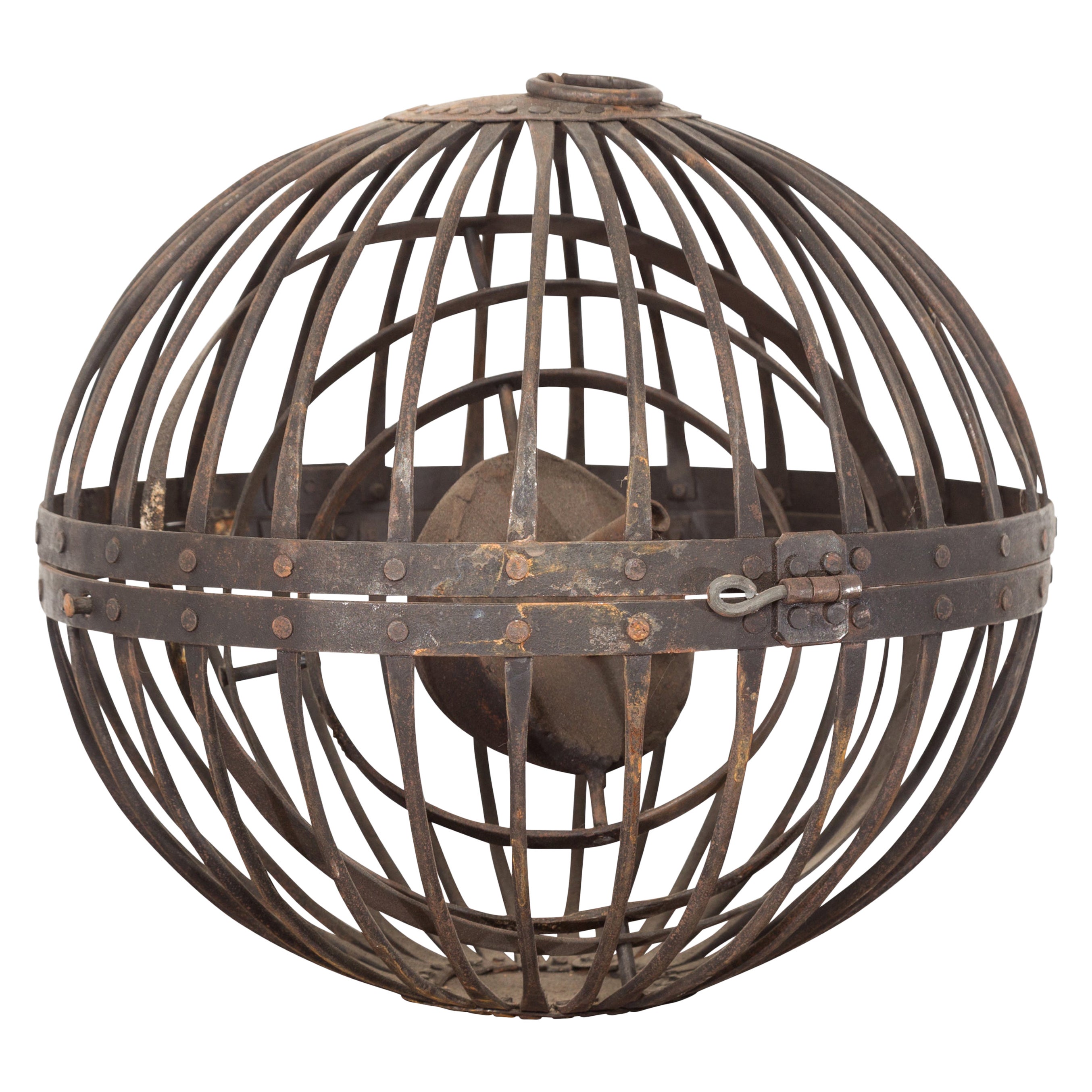 Indian Vintage Spherical Iron Light Fixture with Concentric Rings and Patina For Sale