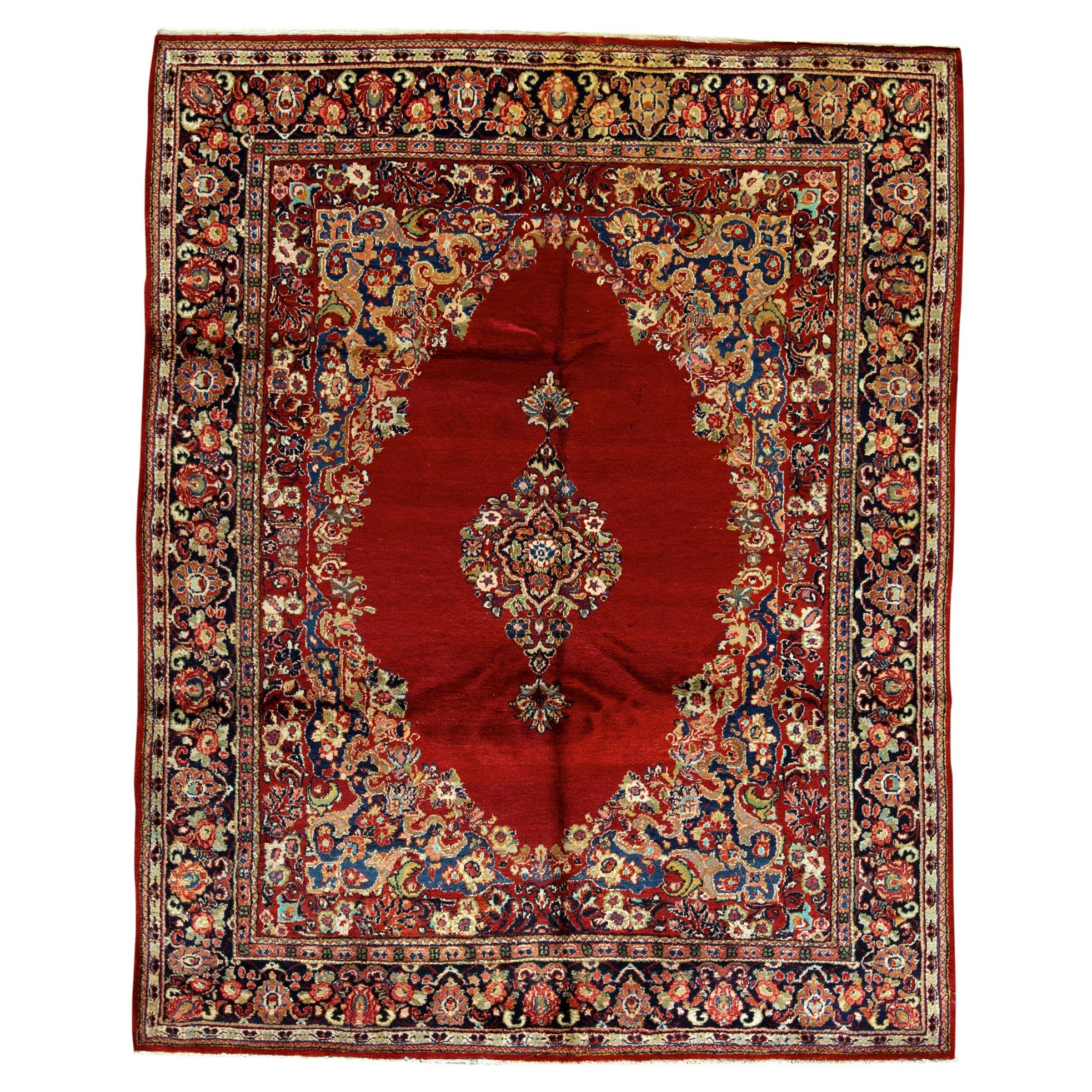 Antique Persian Fine Traditional Handwoven Luxury Wool Red / Navy Rug For Sale