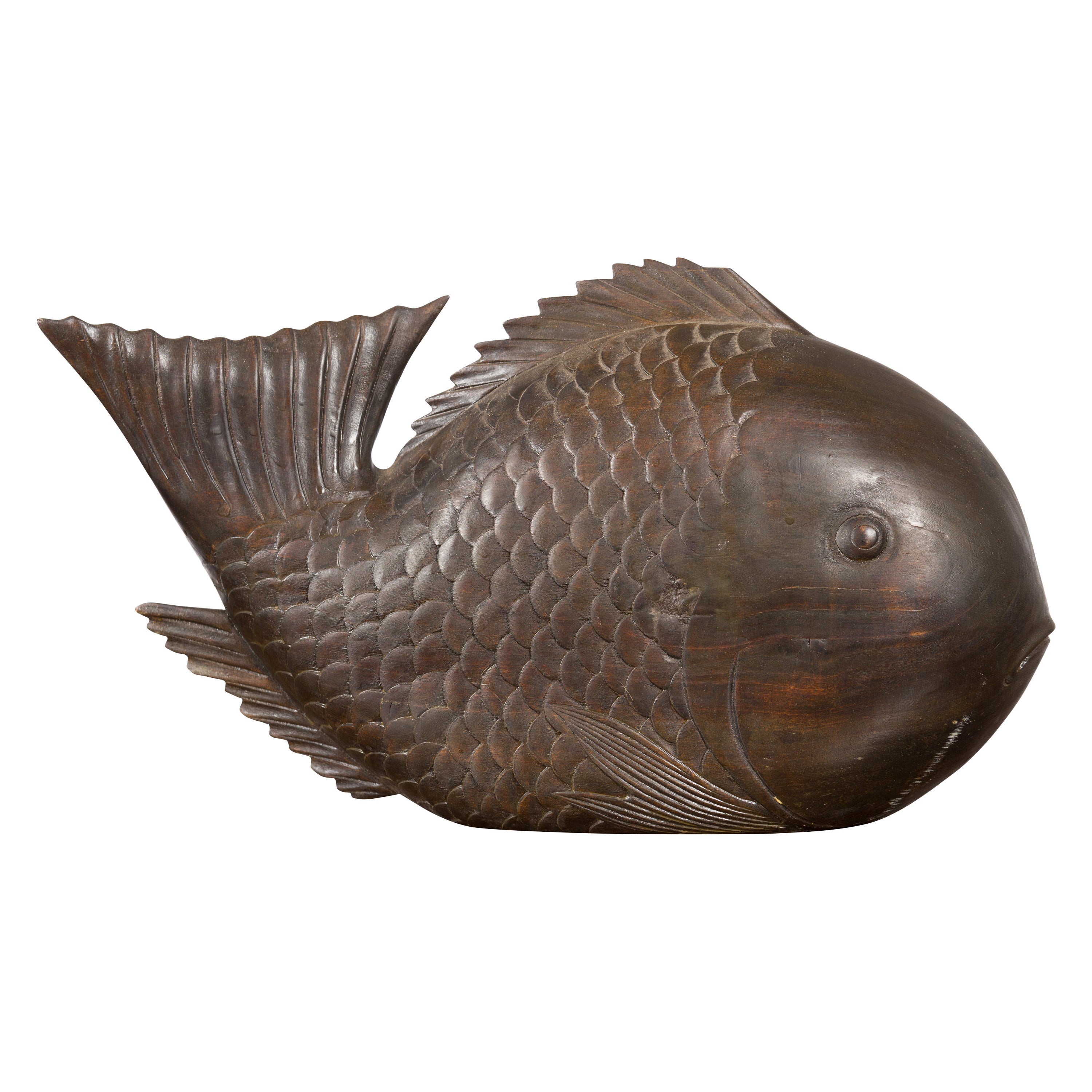 Vintage Thai Carved Wooden Carp Sculpture with Detailed Scales and Dark Patina