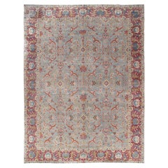 Tapis Tabriz ancien, tapis oriental fait à la main en terre cuite, bleu clair, or, vert