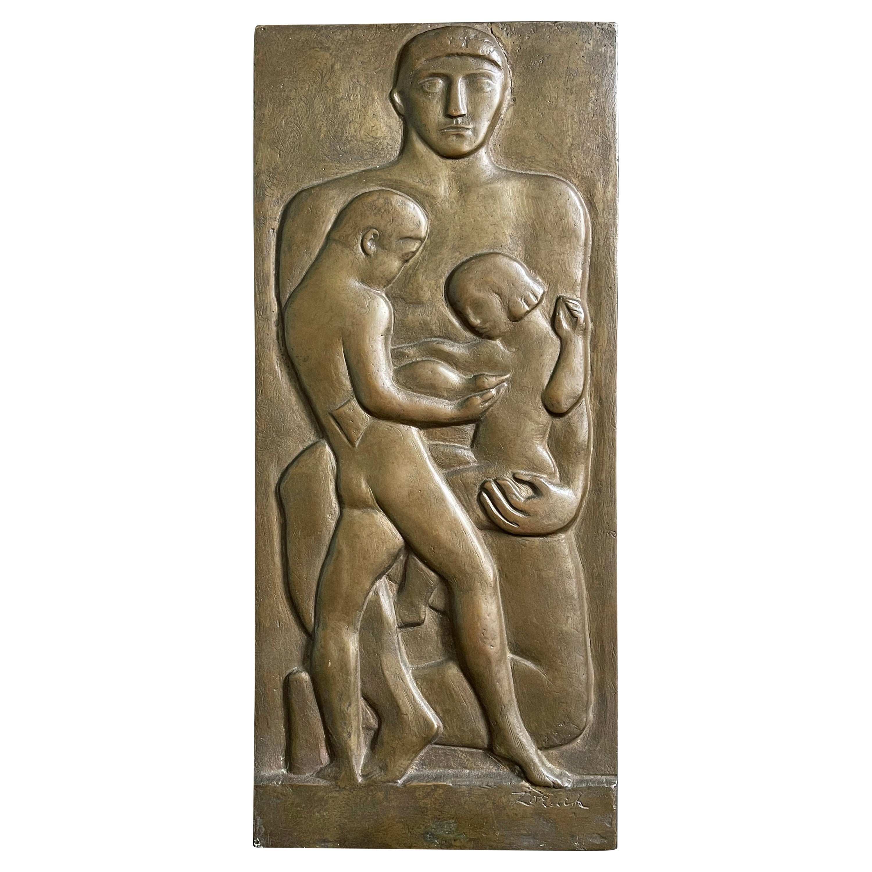 "Father, Son and Daughter", Rare et charmante sculpture en bronze en relief de Zorach