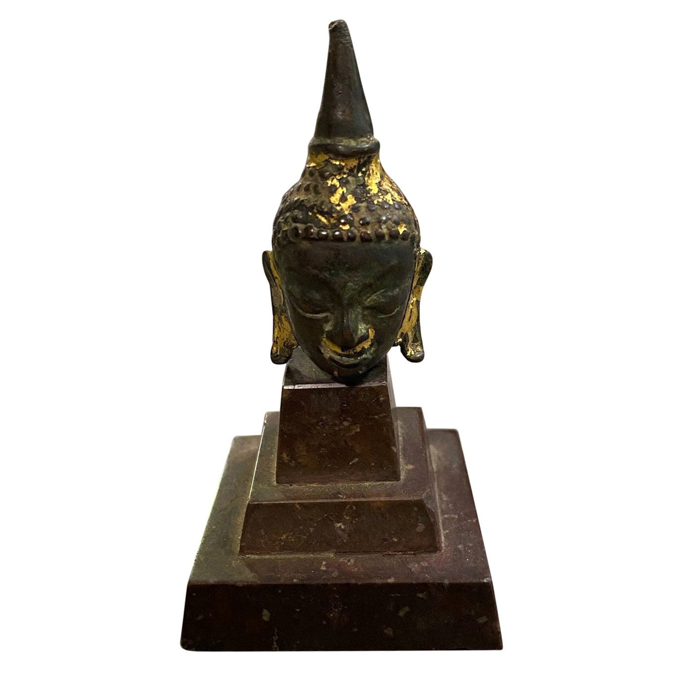 Bronze Thai Siam Temple Shrine Kamphaeng Phet Style Buddha Head on Marble Stand For Sale