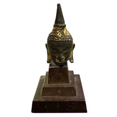 Antique Bronze Thai Siam Temple Shrine Kamphaeng Phet Style Buddha Head on Marble Stand