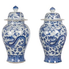 Pair of Vintage Chinese Blue and white Porcelain Lidded Jars with Dragon Motifs