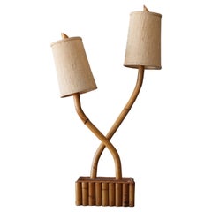 American Designer, Organic Two-Armed Table Lamp, Bamboo, Cane, Fabric, 1950s
